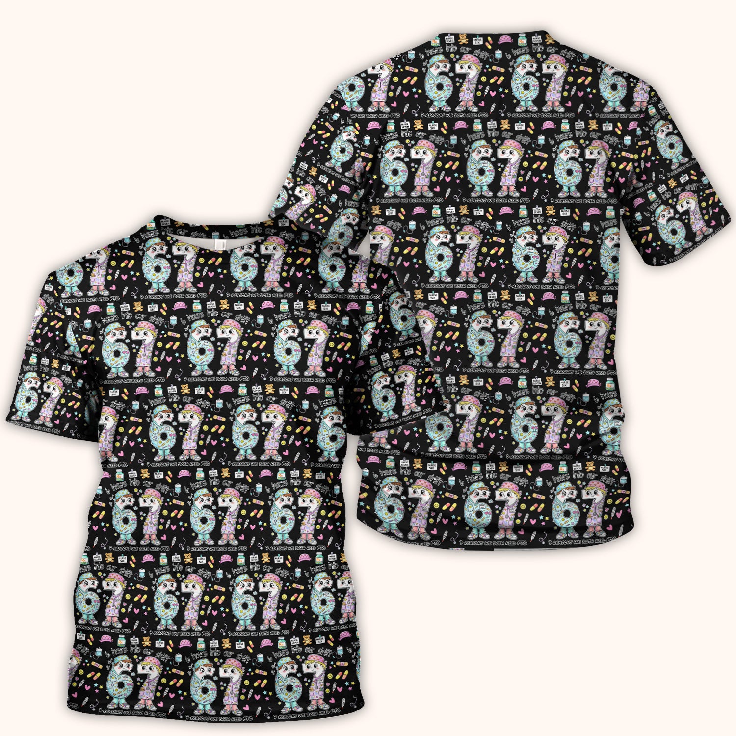 Cartoon Characters Six Hours Into Shift With Medical Doodle Scrub Top, Breathable Fabrics Nursing Uniform