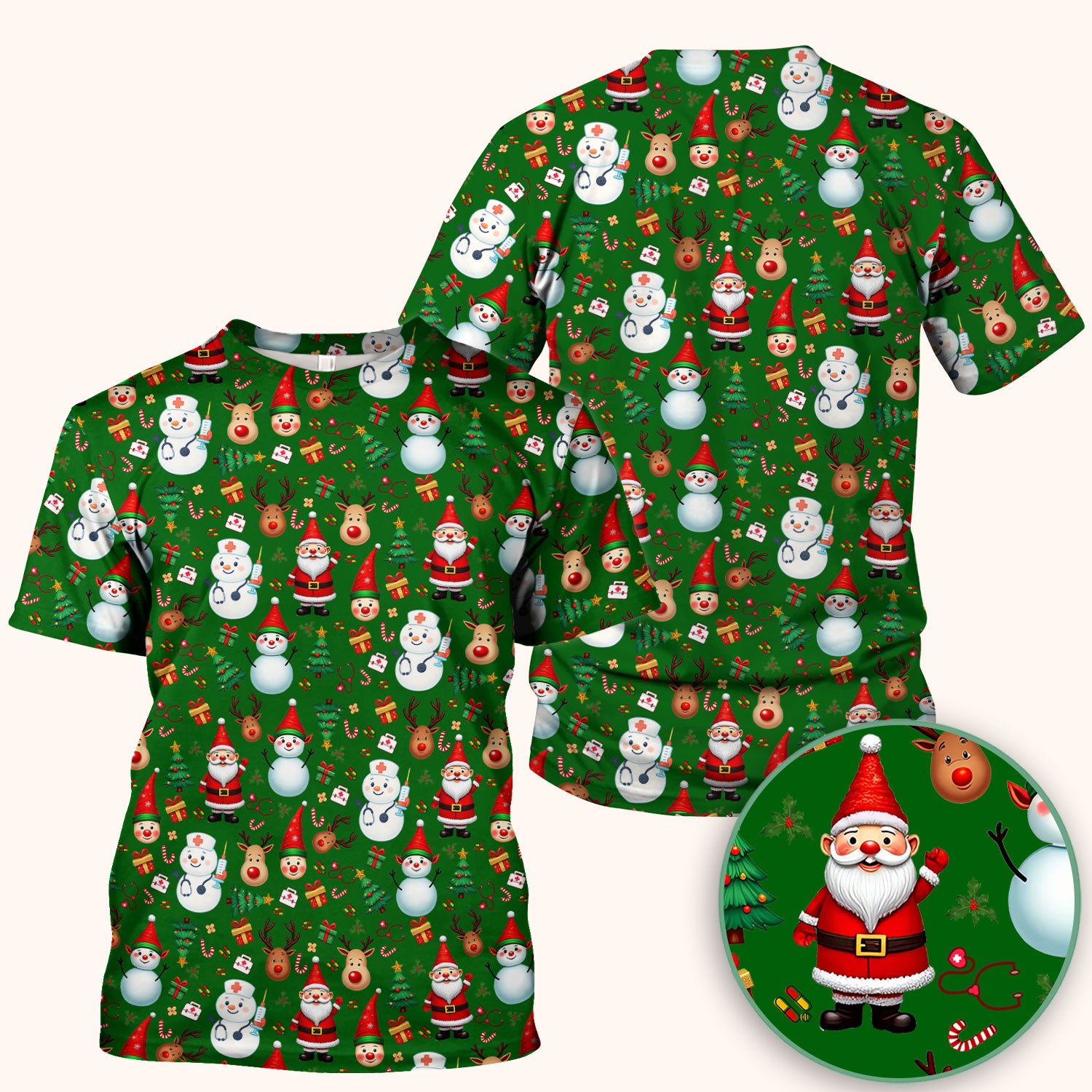 Christmas Scrub Top for Nurses - Cute Snowman Reindeer Santa Pattern - Holiday Medical Uniform RN CNA LPN Gift