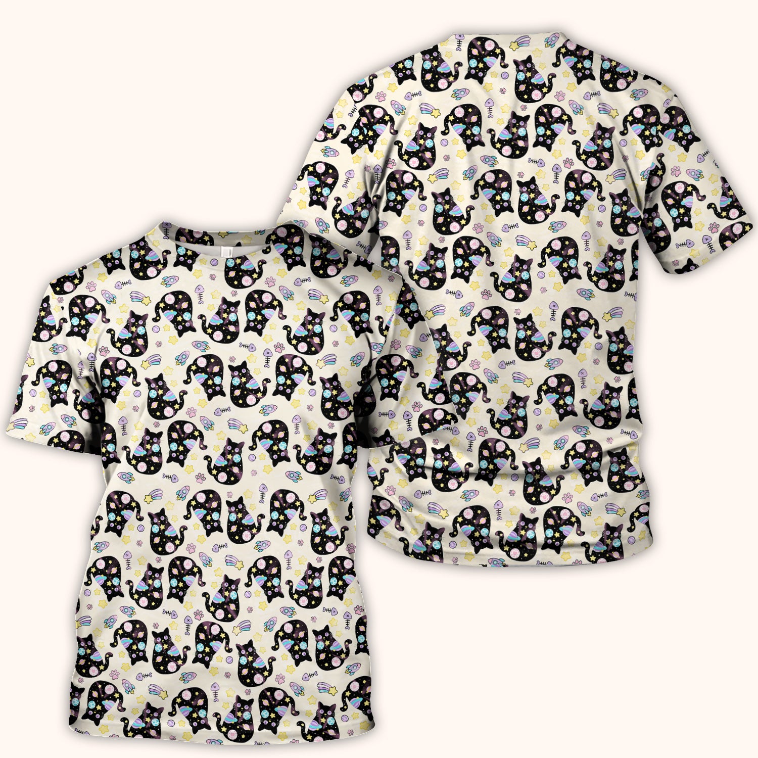 Galaxy Black Cat Space Pattern Scrub Top, Breathable Fabrics Nursing Uniform