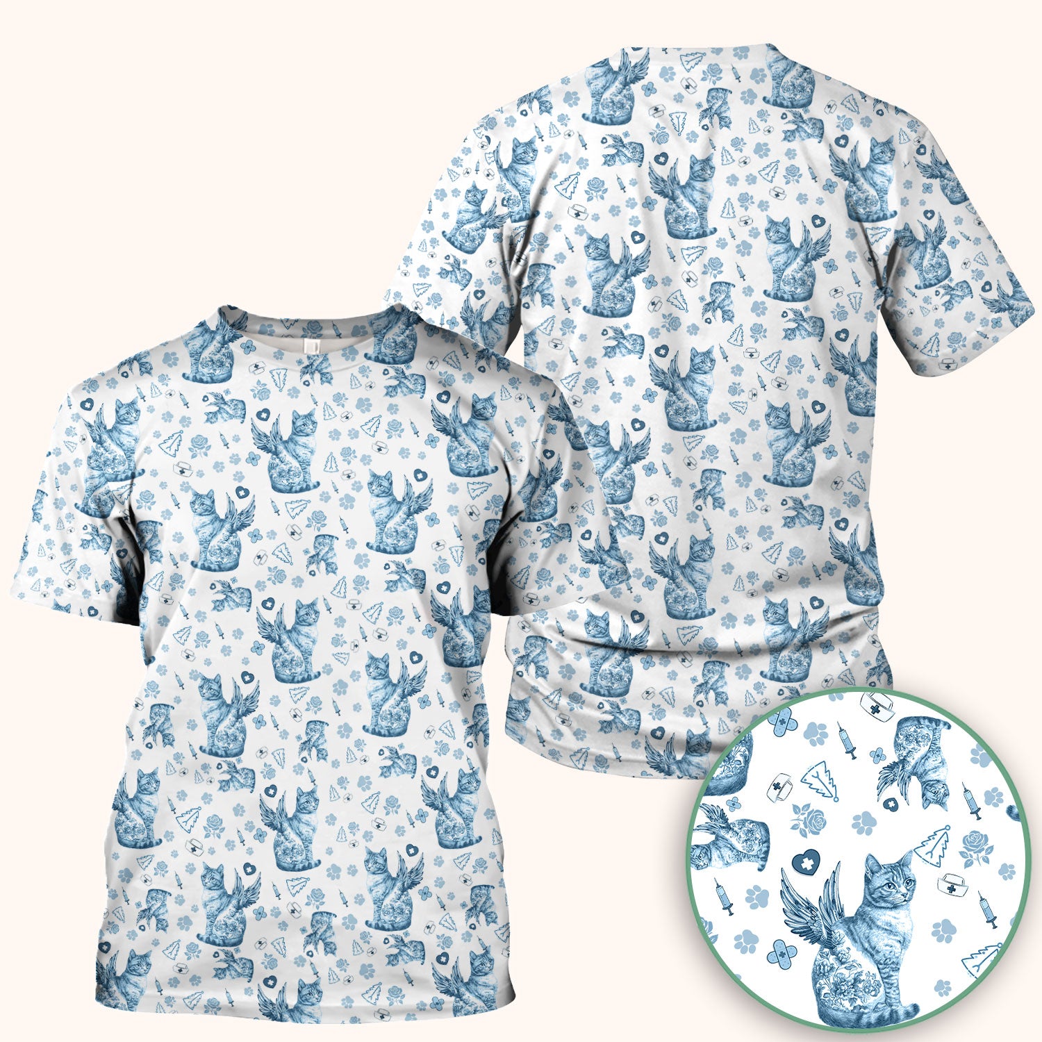 Toile de Jouy Cat Angel Scrub Top - Blue Vintage Nurse Shirt - French Style Medical Uniform for Women RN LPN CNA Gift