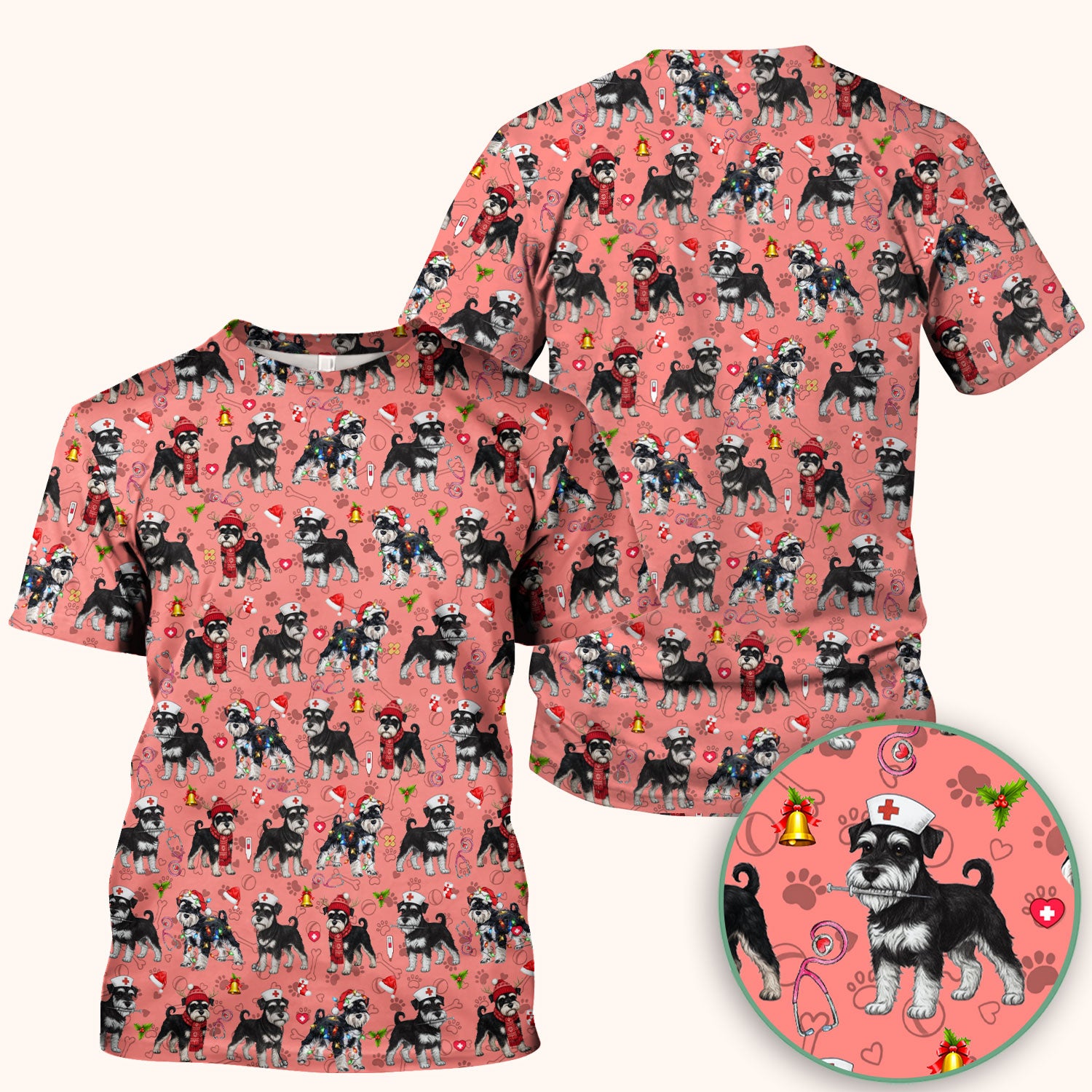 Christmas Schnauzer Scrubs for Nurses - Cute Dog Holiday Scrub Top - Funny Santa Nursing Medical Shirt for Women