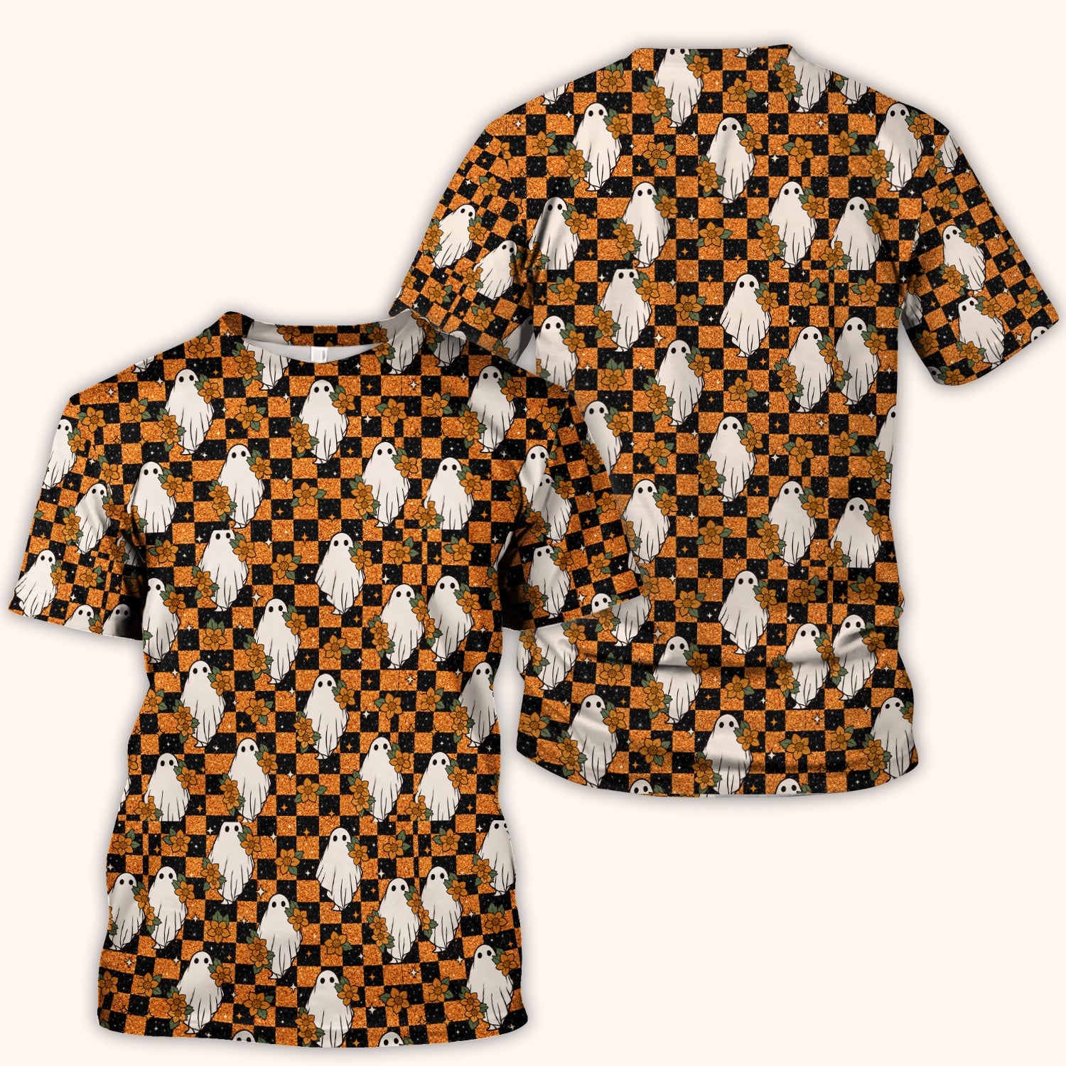 Spooky Halloween Ghost Checkerboard Scrub Top, Comfortable Scrubs for Nurses