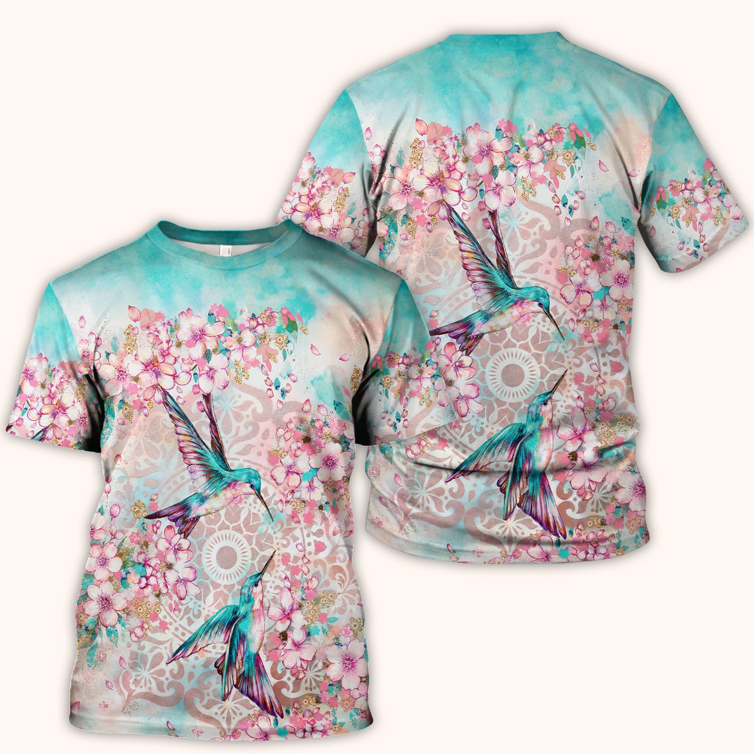 Charming Hummingbird Cherry Blossom Pattern Scrub Top, Comfortable Scrubs for Nurses