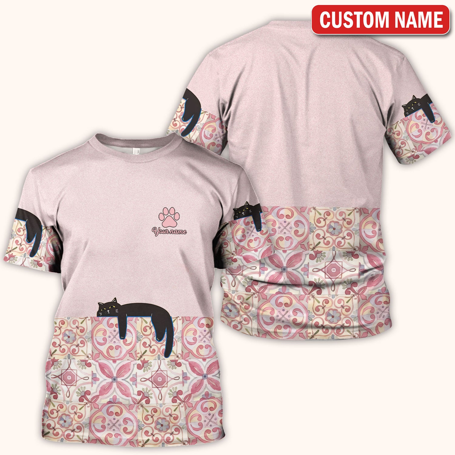 Custom Name Pink Floral Nurse Shirt, Personalized Black Cat Scrub Top For Women, Breathable Fabrics Nursing Uniform