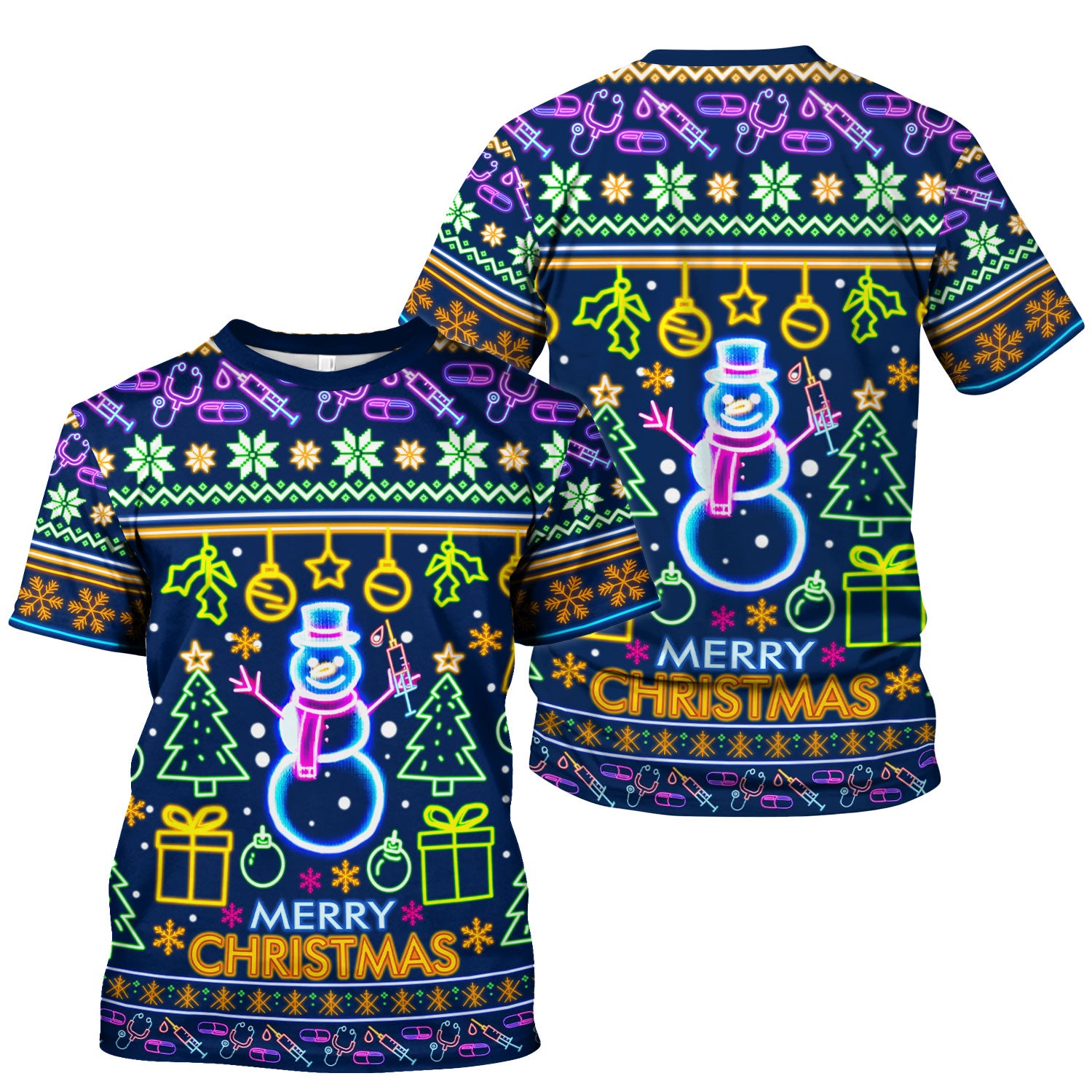 Neon Snowman Christmas Scrub Top for Nurses - Merry Christmas Holiday Lights Pattern - Funny Festive Medical Uniform for RN LPN CNA