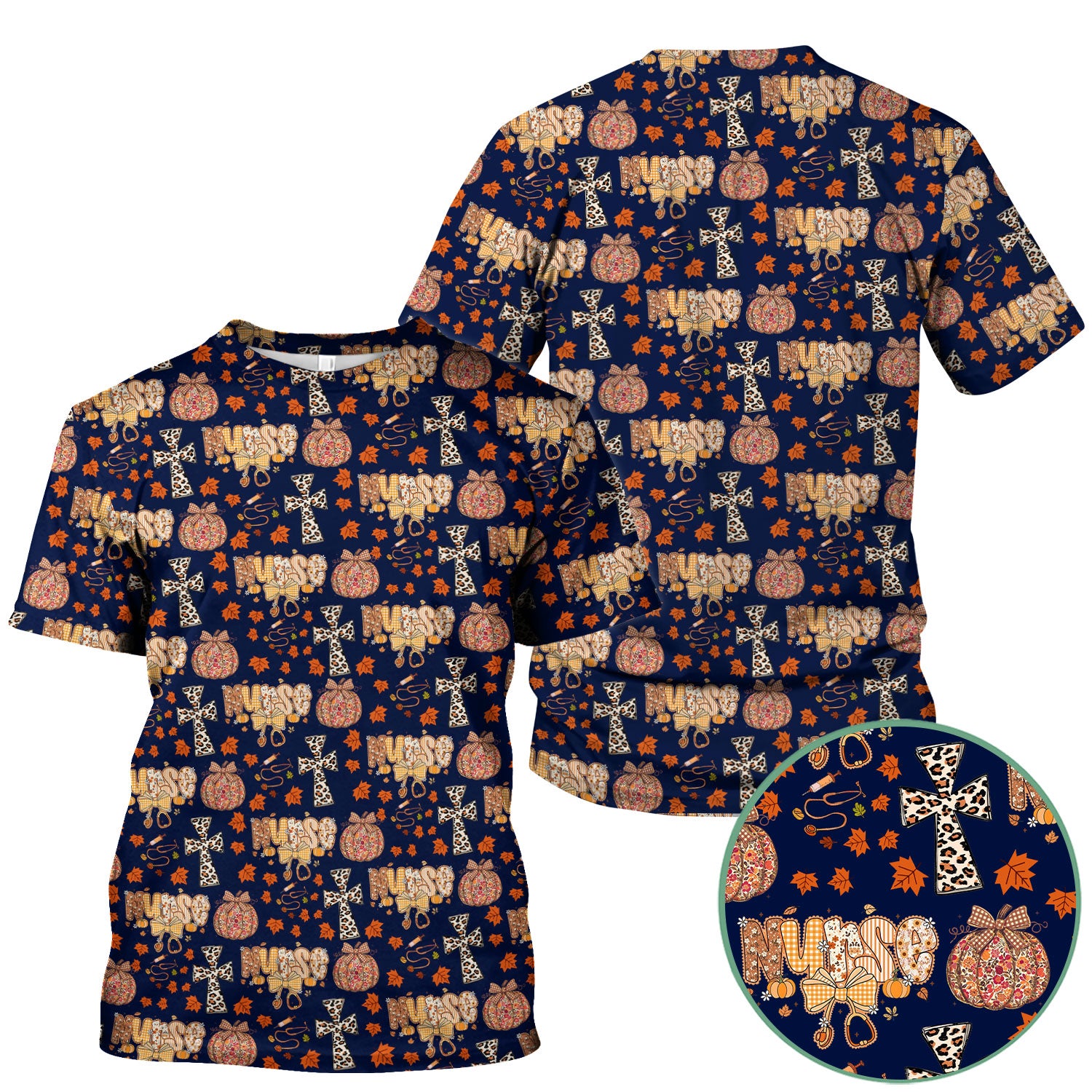 Floral Pumpkin Scrub Top for Women - Coquette Bow Thanksgiving Shirt - Comfortable Medical Uniform