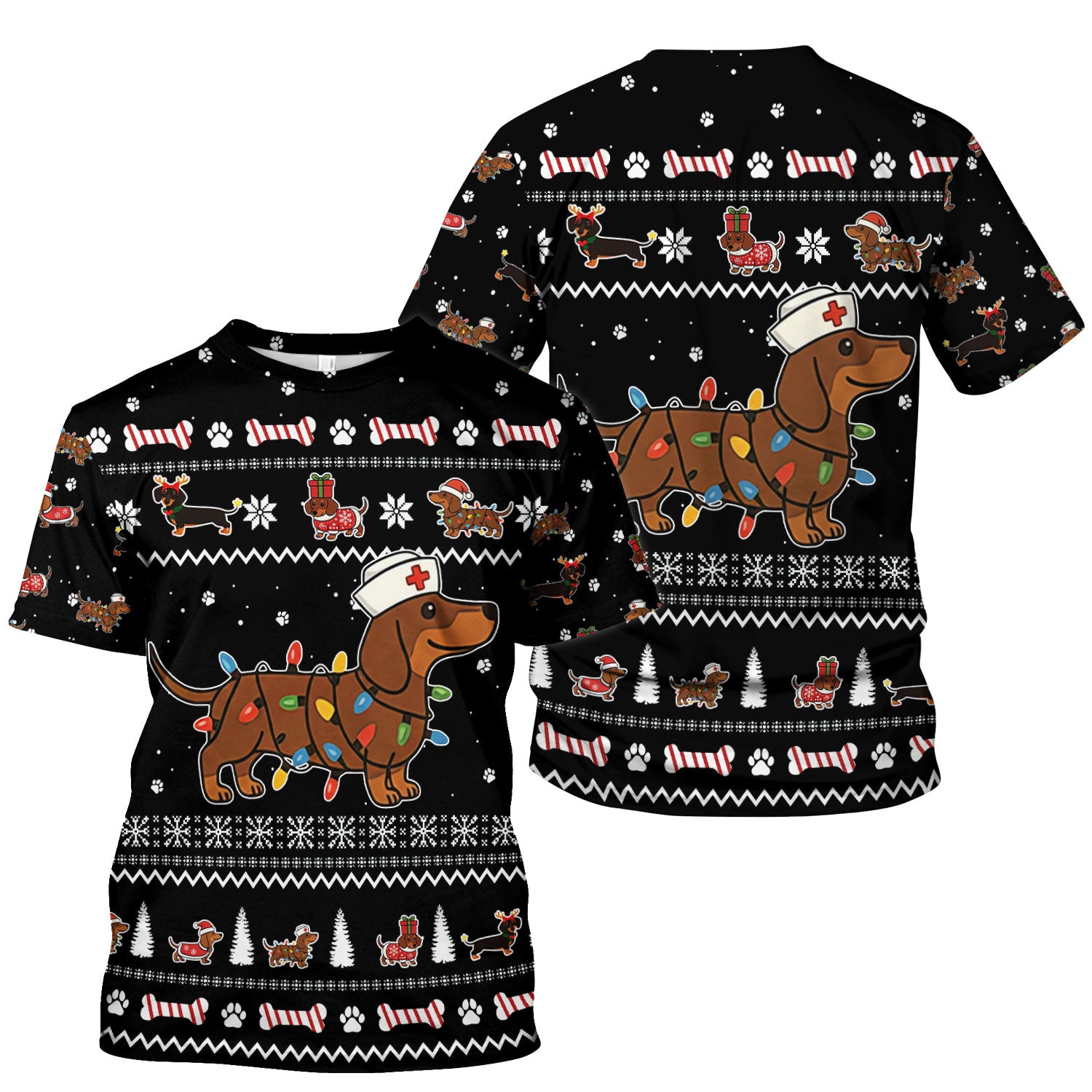 Christmas Dachshund Nurse Scrub Top for Women - Cute Sausage Dog Wearing Lights - Funny Holiday Medical Shirt Gift for RN CNA LPN
