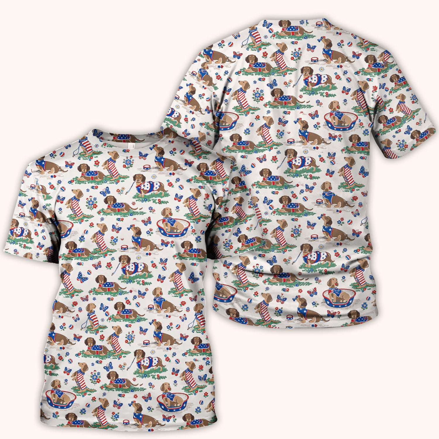 Patriotic Dachshund Garden Party Pattern Scrub Top, Comfortable Scrubs for Nurses