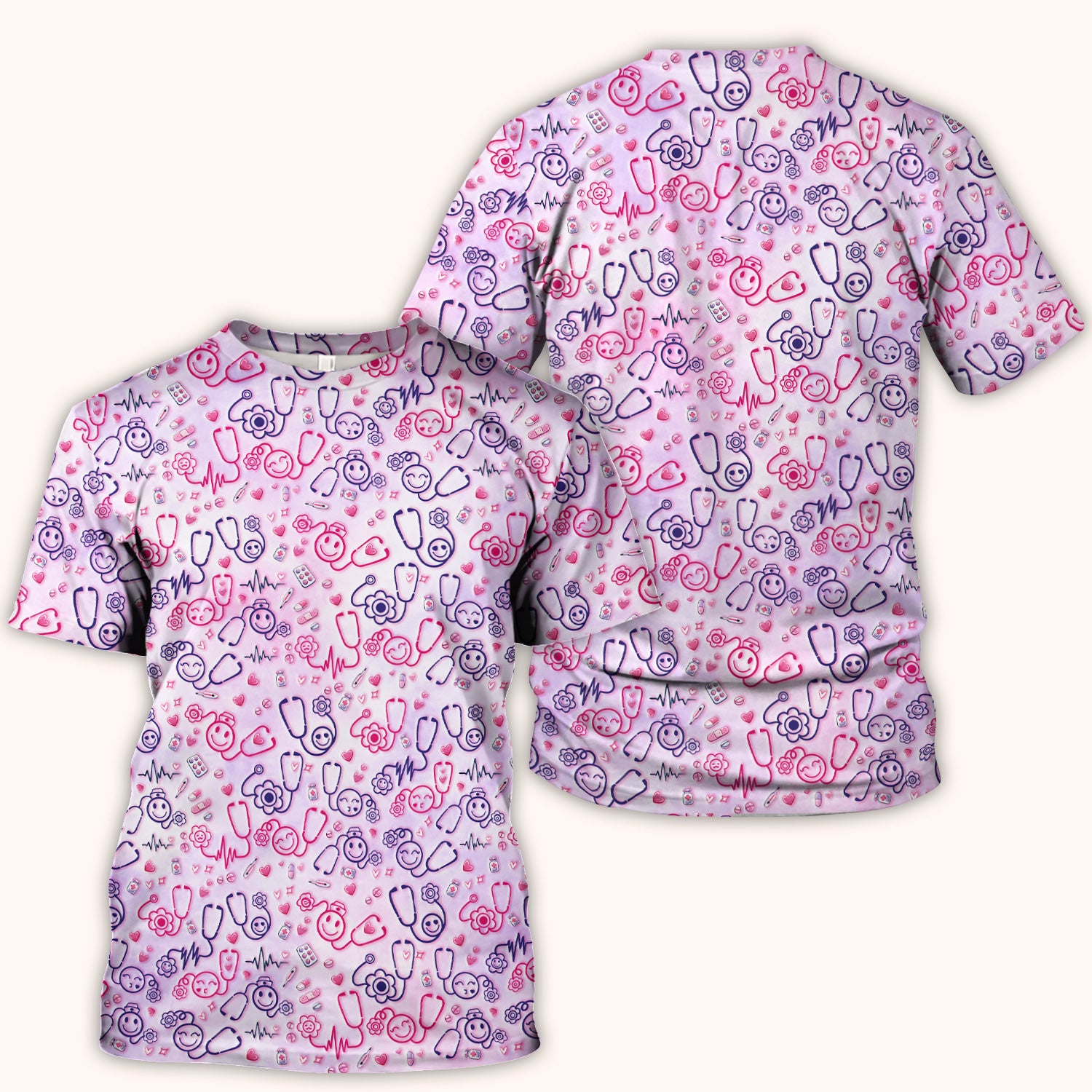 Stethoscope Heart Cute Icon Print Scrub Top, Breathable Fabrics Nursing Uniform