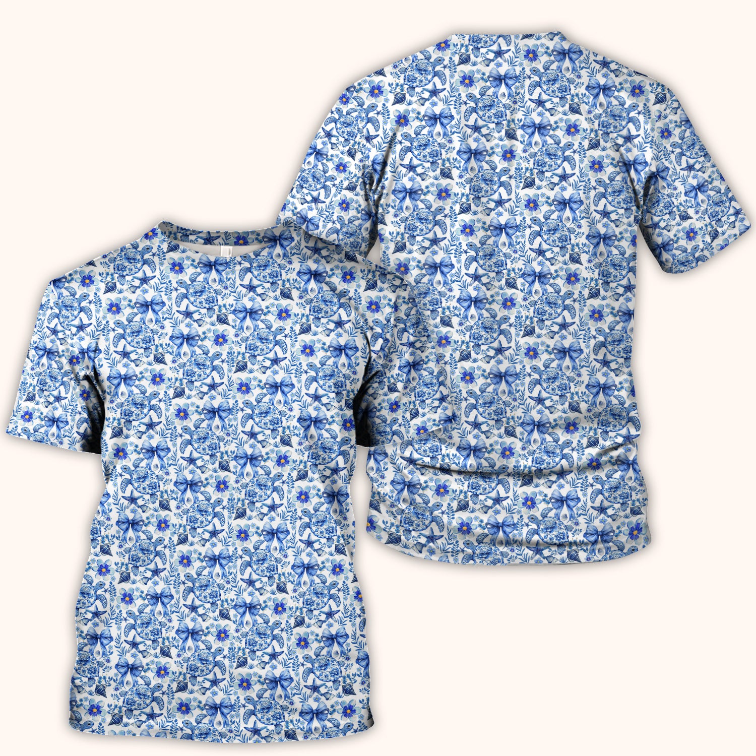 Cute Coastal Turtle Bow Pattern Scrub Top, Comfortable Scrubs for Nurses