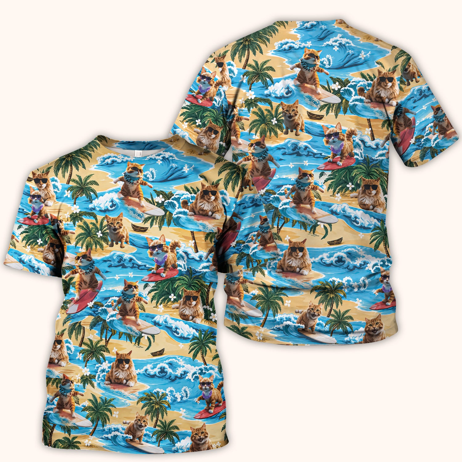 Tropical Surfing Cat with Beach Wave Island Print Scrub Top, Comfortable Scrubs for Nurses
