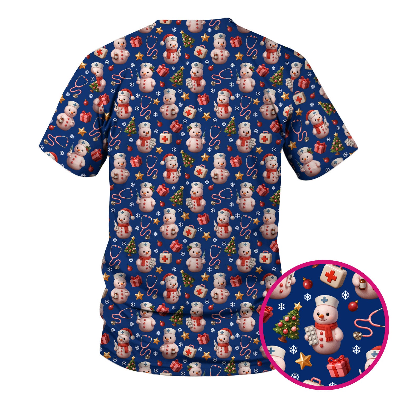 Snowman Pattern Christmas Nurse Scrub Top - Cute Holiday Medical Shirt - Funny Festive Scrubs Gift for RN LPN CNA Nurses