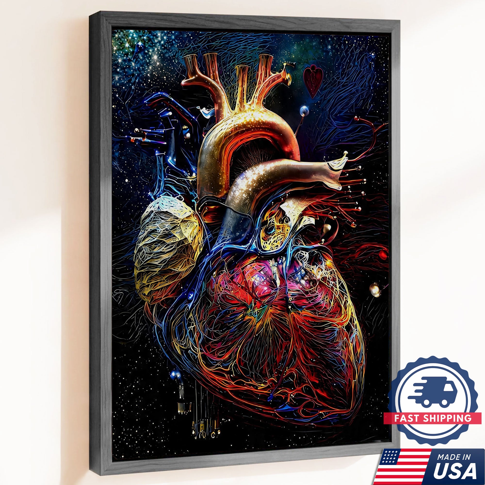 Neon Human Heart Anatomy Canvas Wall Art, Nurse Clinic Decor