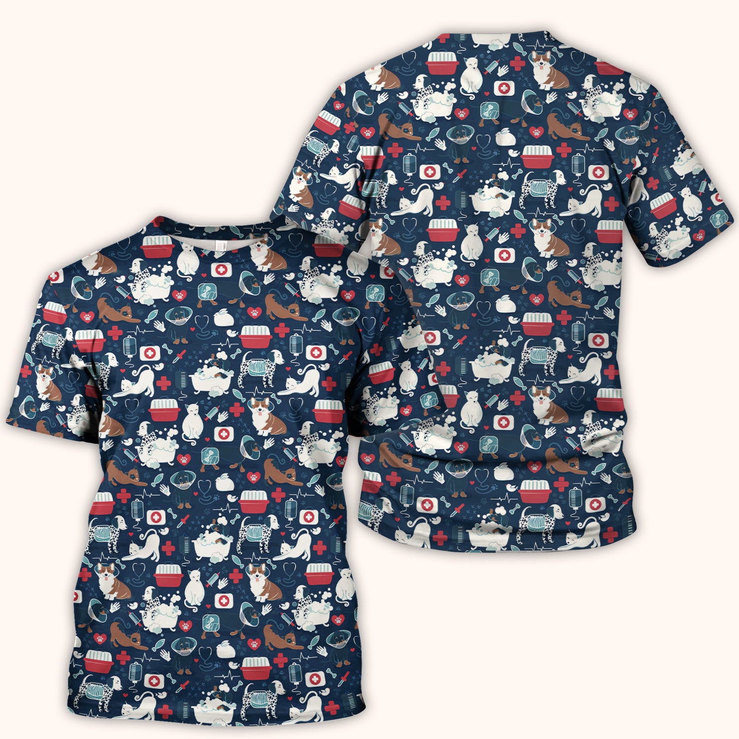 Dogs With Veterinary Tools And Paw Print Scrub Top, Breathable Fabrics Nursing Uniform