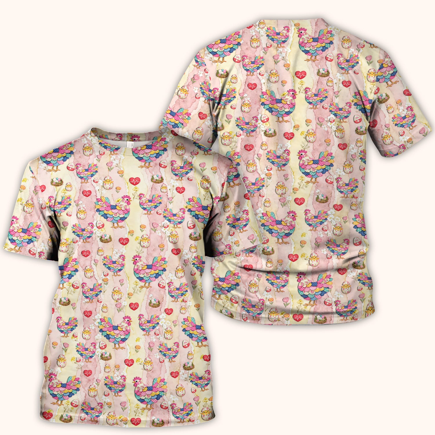Colorful Chicken Easter Eggs Heart Pattern Scrubs Top, Breathable Fabrics Nursing Uniform