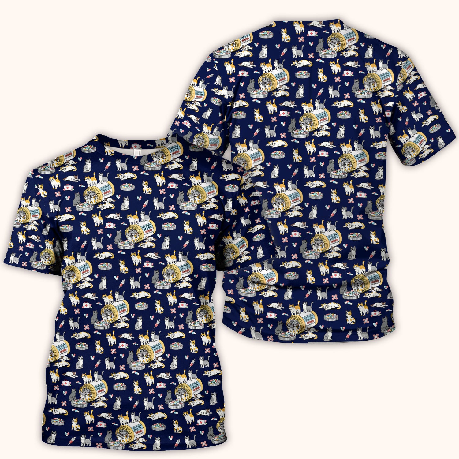 Cute Cat Serotonin Booster Pattern Scrub Top, Comfortable Scrubs for Nurses
