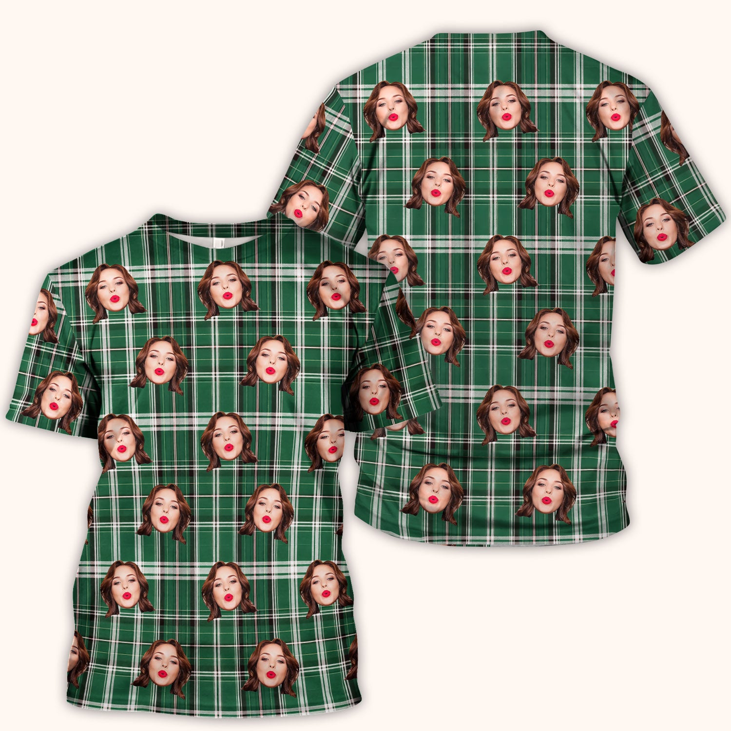 Personalized Funny Face Plaid Scrub Top, Custom Photo Pattern Medical Shirt, Breathable Fabrics Nursing Uniform