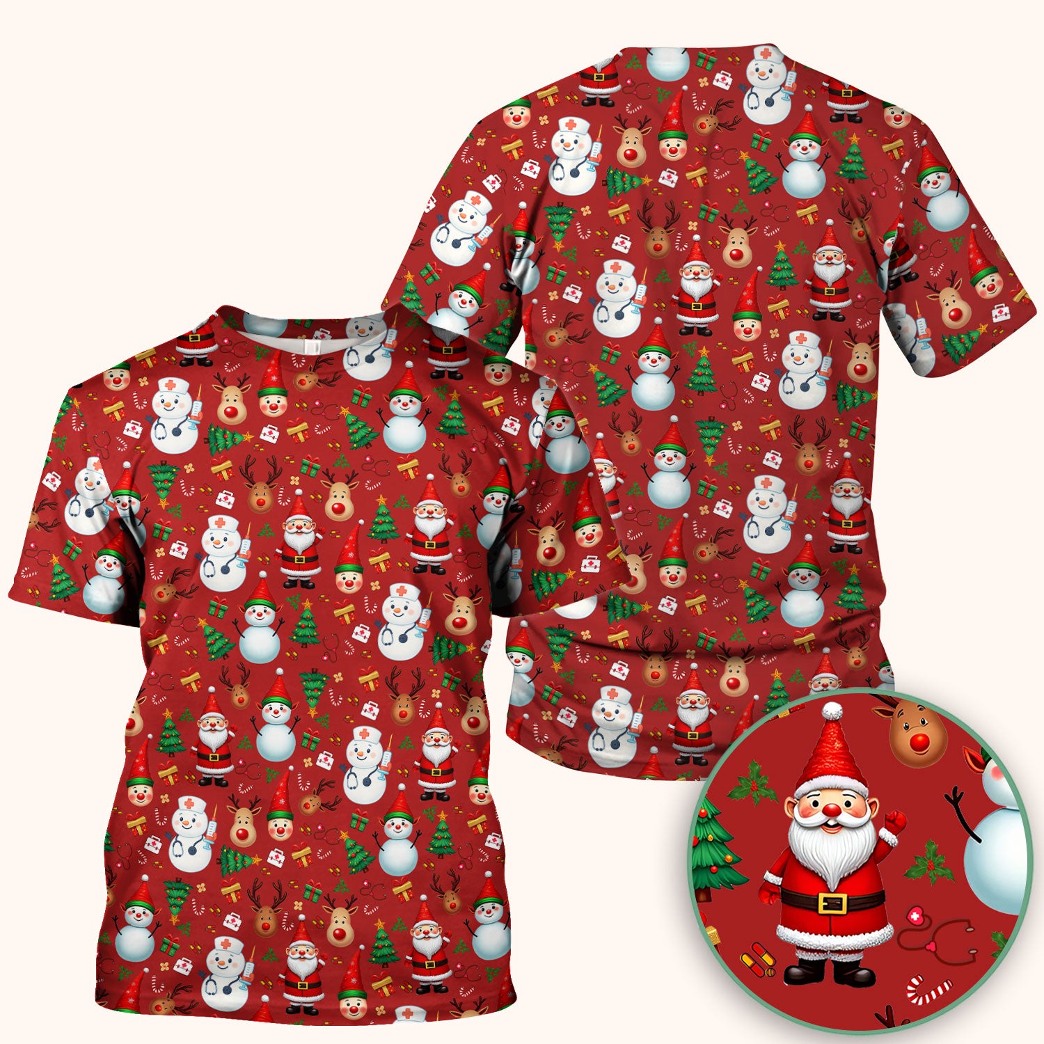 Christmas Scrub Top for Nurses - Cute Snowman Reindeer Santa Pattern - Holiday Medical Uniform RN CNA LPN Gift