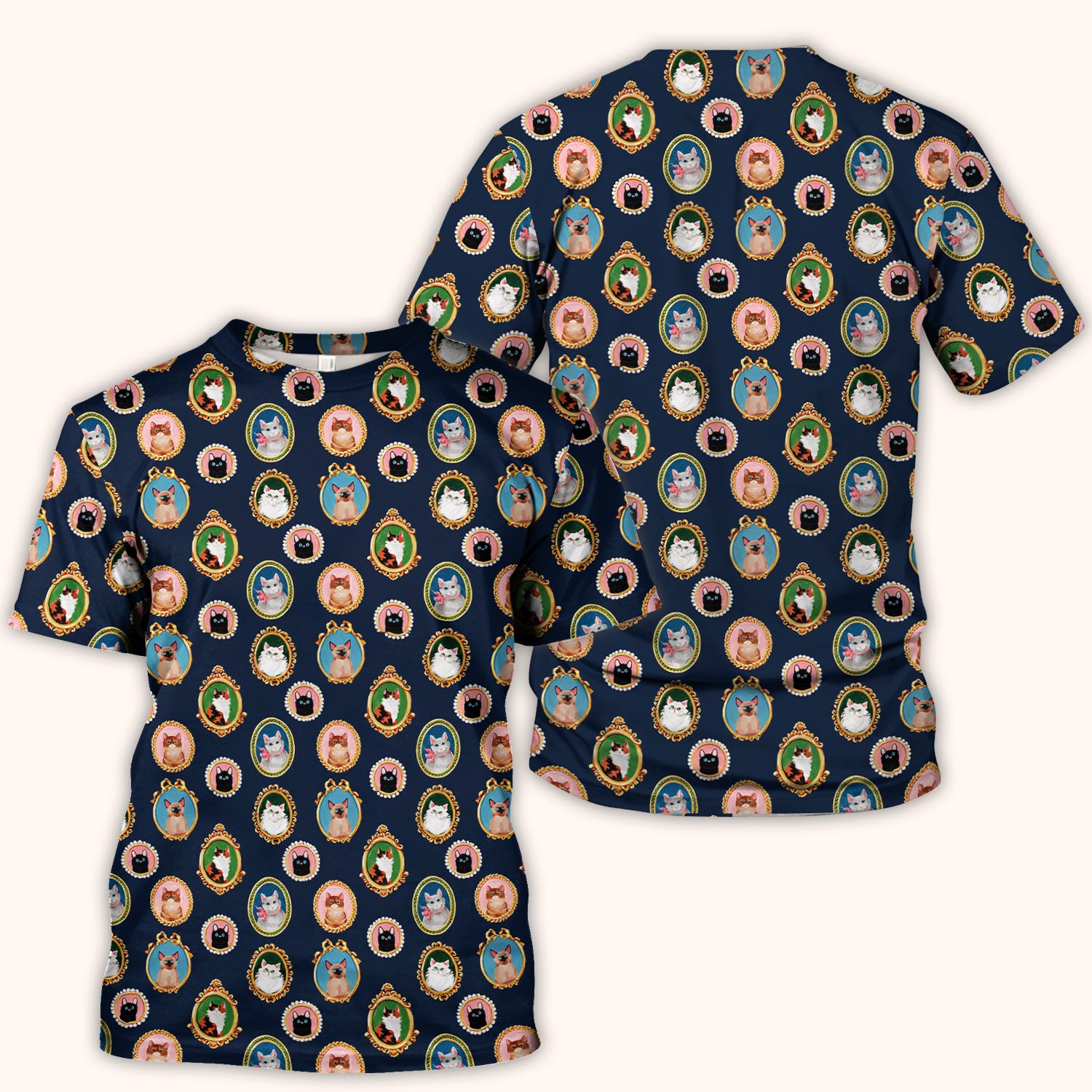 Vintage Cat Portrait Pattern Scrub Top, Breathable Medical Uniform Top