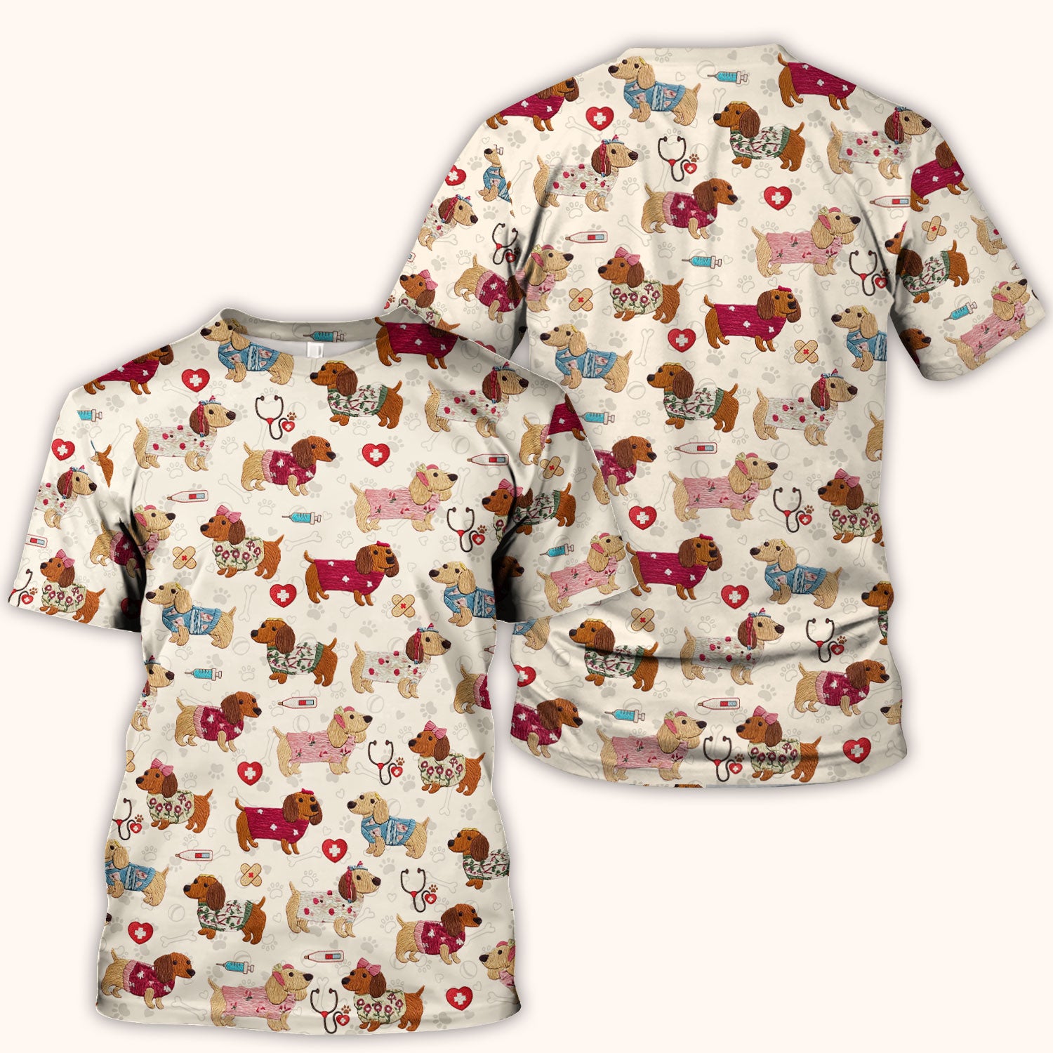 Cute Medical Wiener Dog Pattern Nurse Shirt, Dachshund Nursing Scrub Top, Breathable Fabrics Nursing Uniform