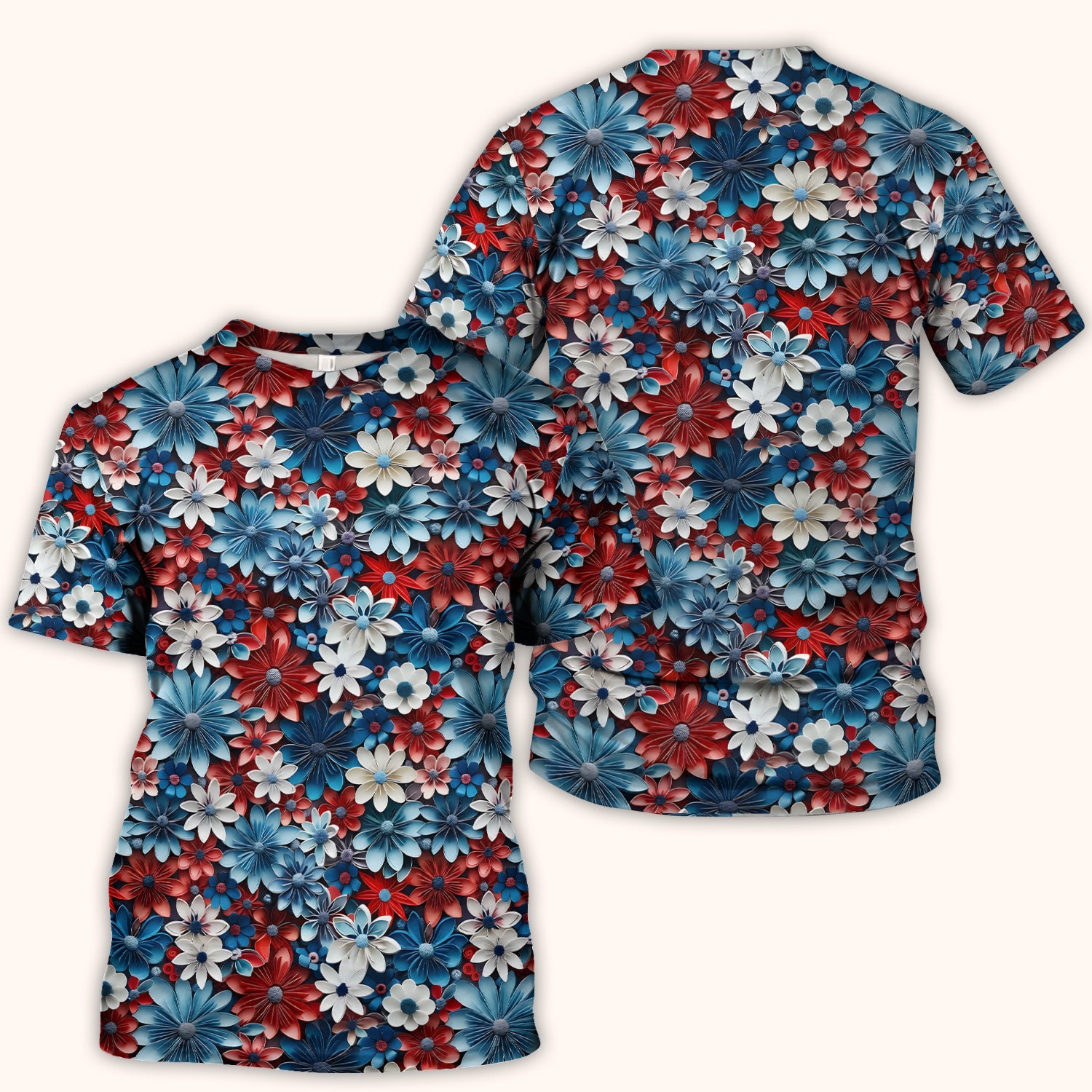 Patriotic 3D Floral Nurse for RN & CNA, Red Blue White Healthcare Workers Uniform Scrub Top, Comfortable Scrubs for Nurses