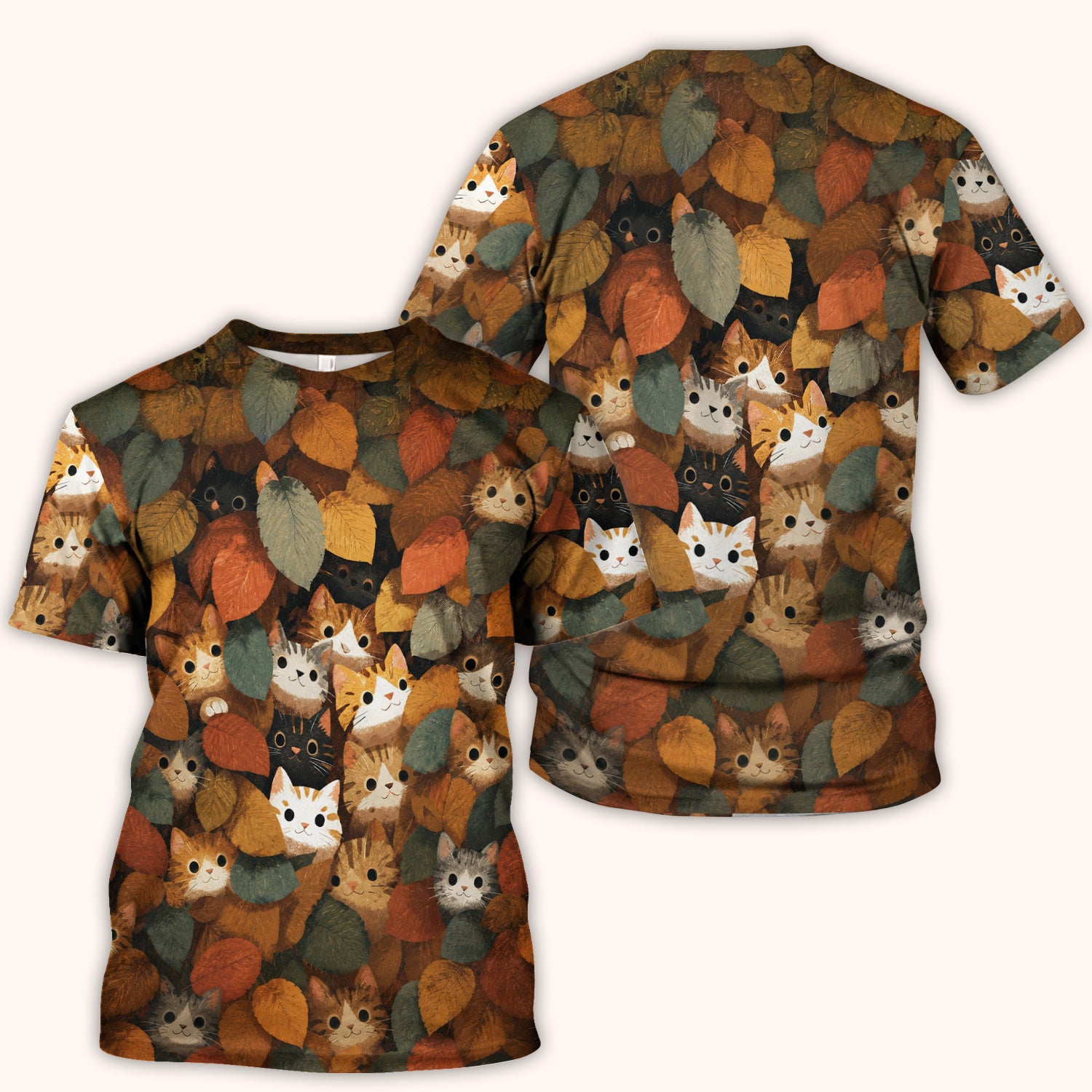Cute Autumn Cat Leaf Pile Pattern Scrub Top, Comfortable Scrubs for Nurses