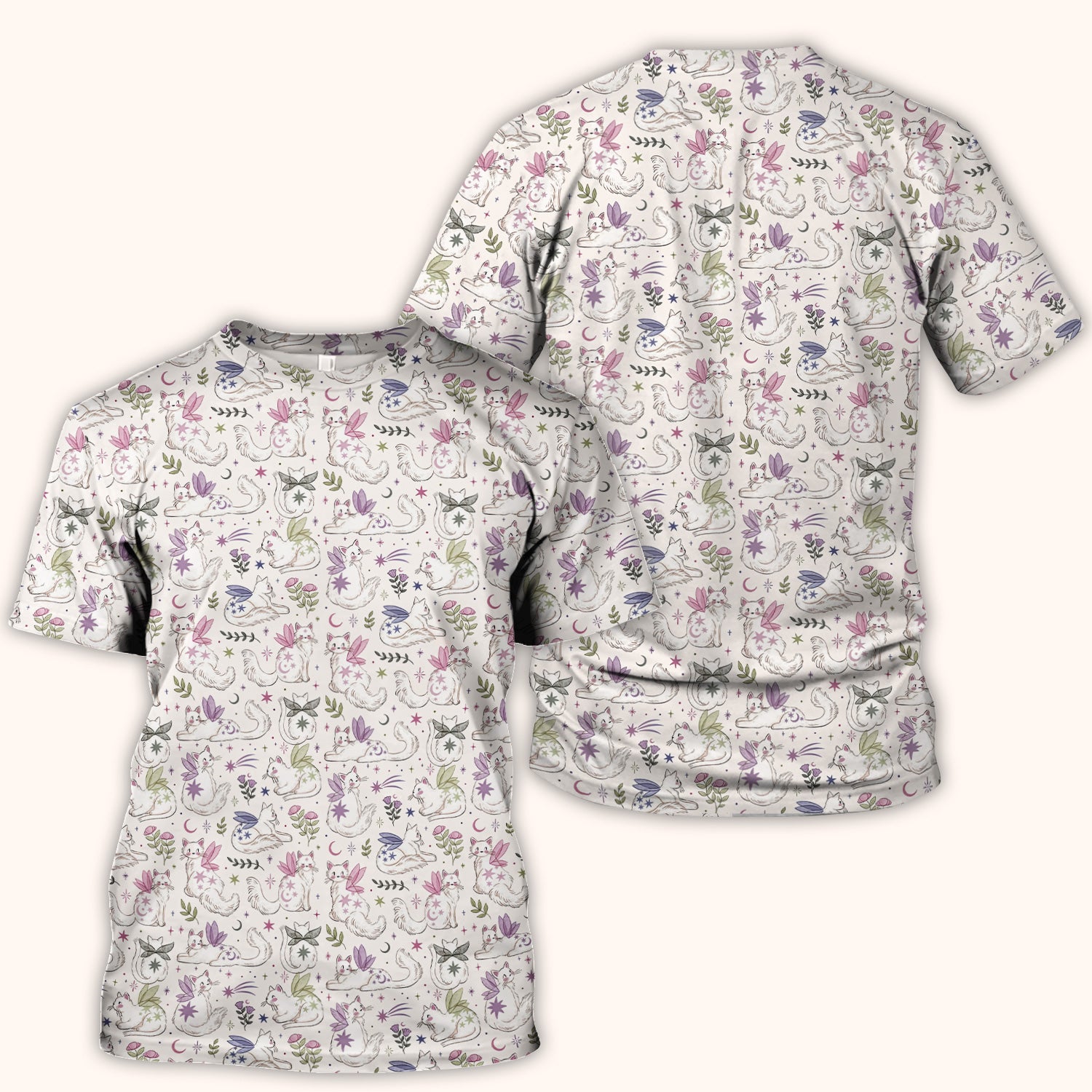 Cute Fairy Cat Moon Star Floral Pattern Scrub Top, Comfortable Scrubs for Nurses
