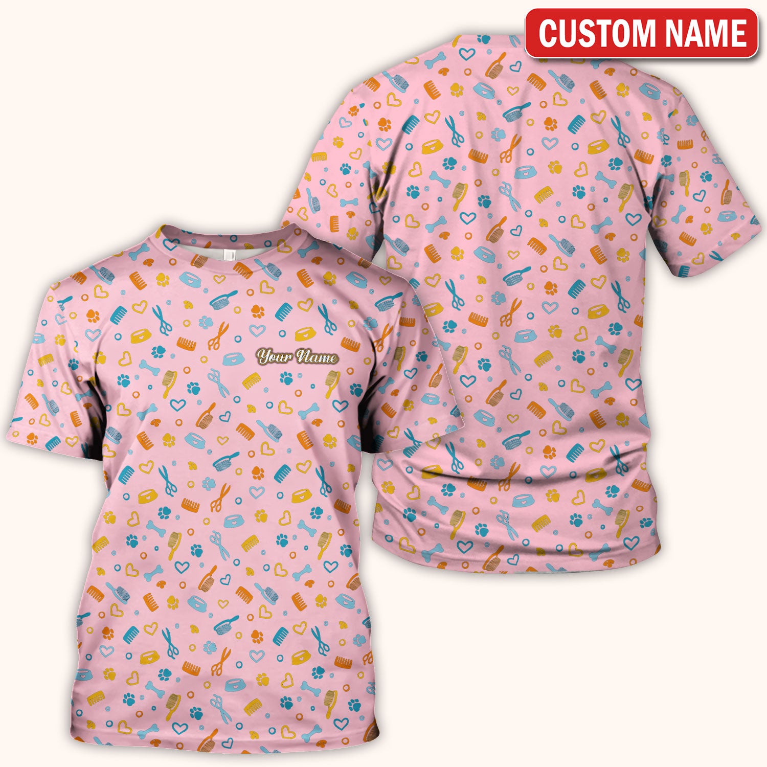 Custom Name Dog Cat Grooming Pattern Scrub Top, Breathable Fabrics Nursing Uniform