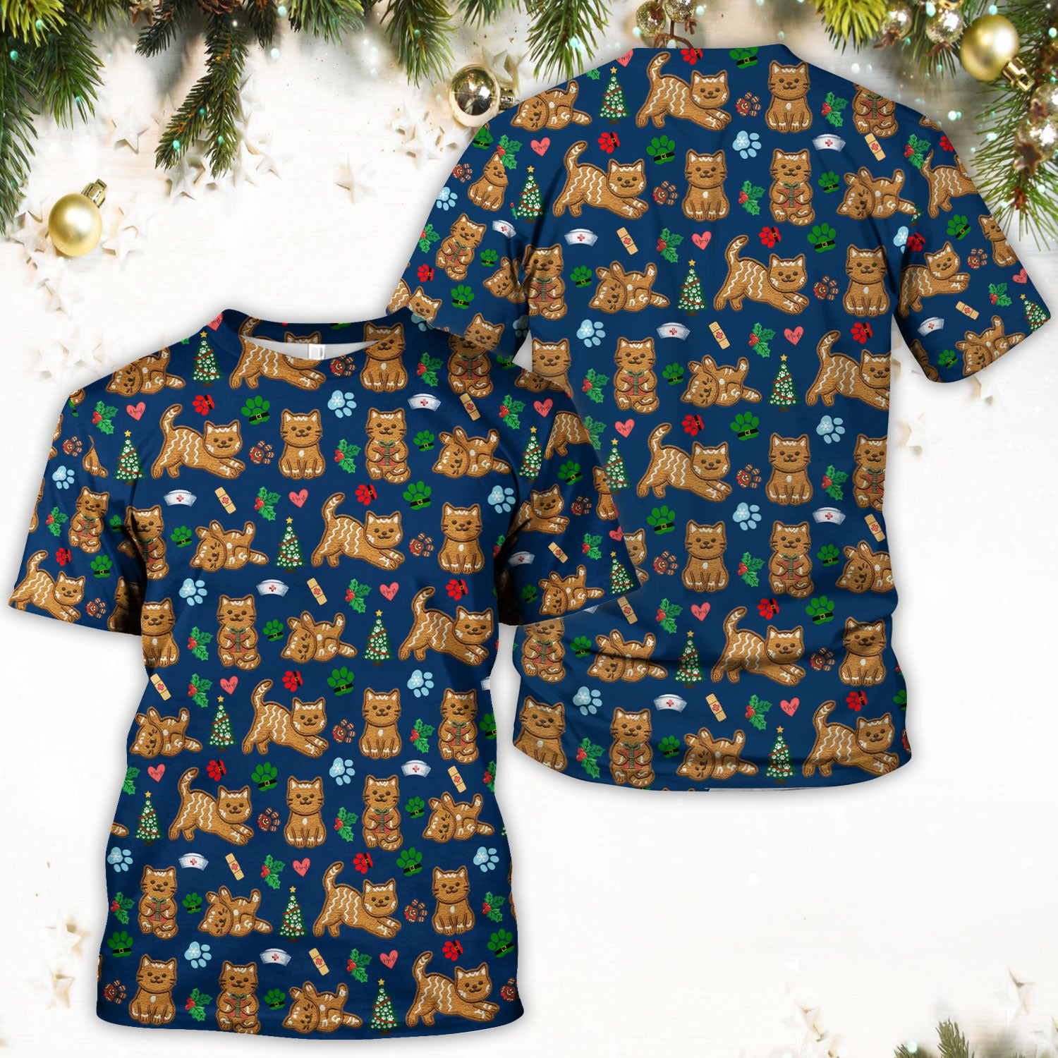 Gingerbread Cat Christmas Scrub Top, Cute Holiday Kitty Medical Uniform Shirt For Nursing, Festive Nurse Pattern