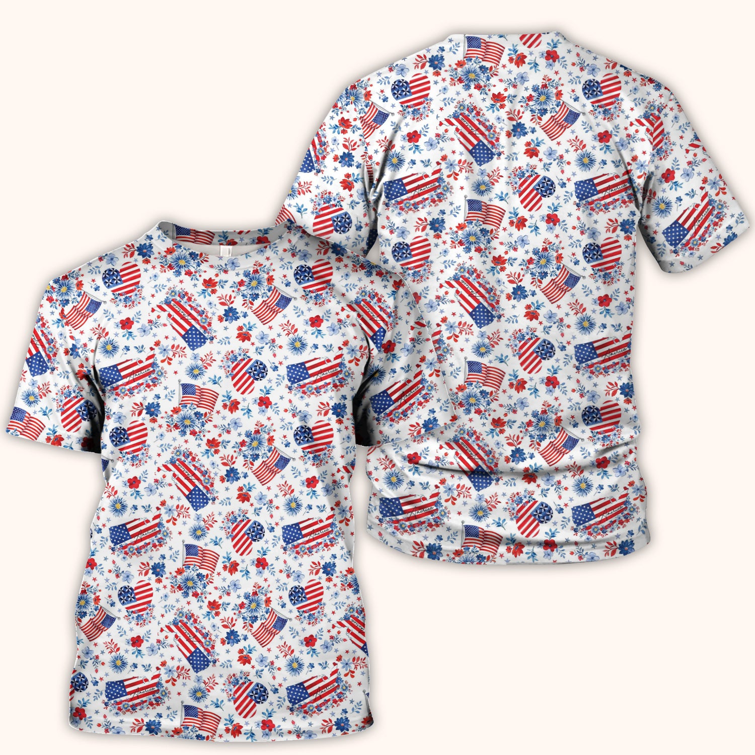 Festive American Flag Heart Floral Pattern Scrub Top, Comfortable Scrubs for Nurses