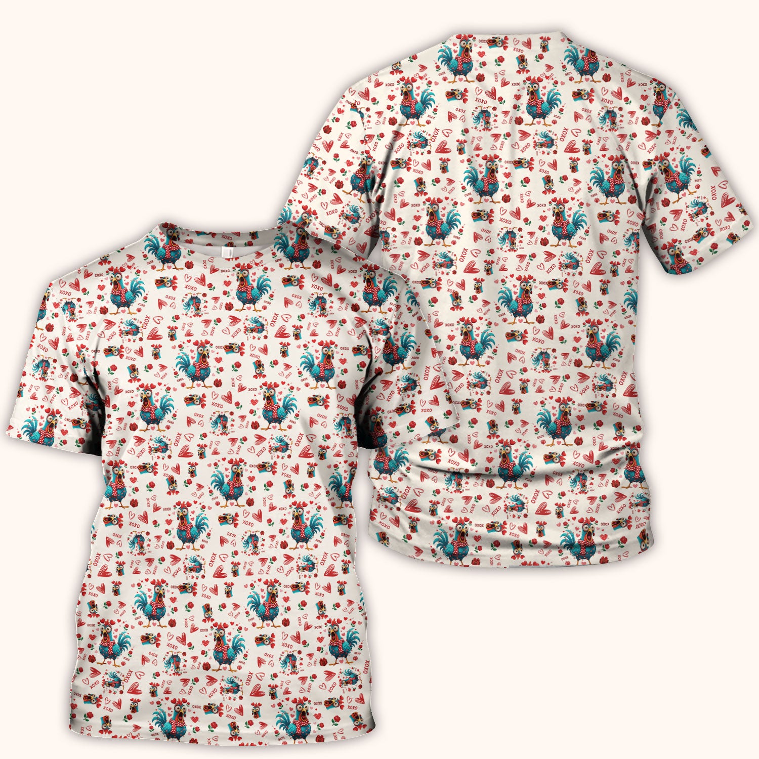 Funny Rooster Valentine Scrub Top, Cute Chicken XOXO Heart Pattern Nurse Shirt, Breathable Fabrics Nursing Uniform