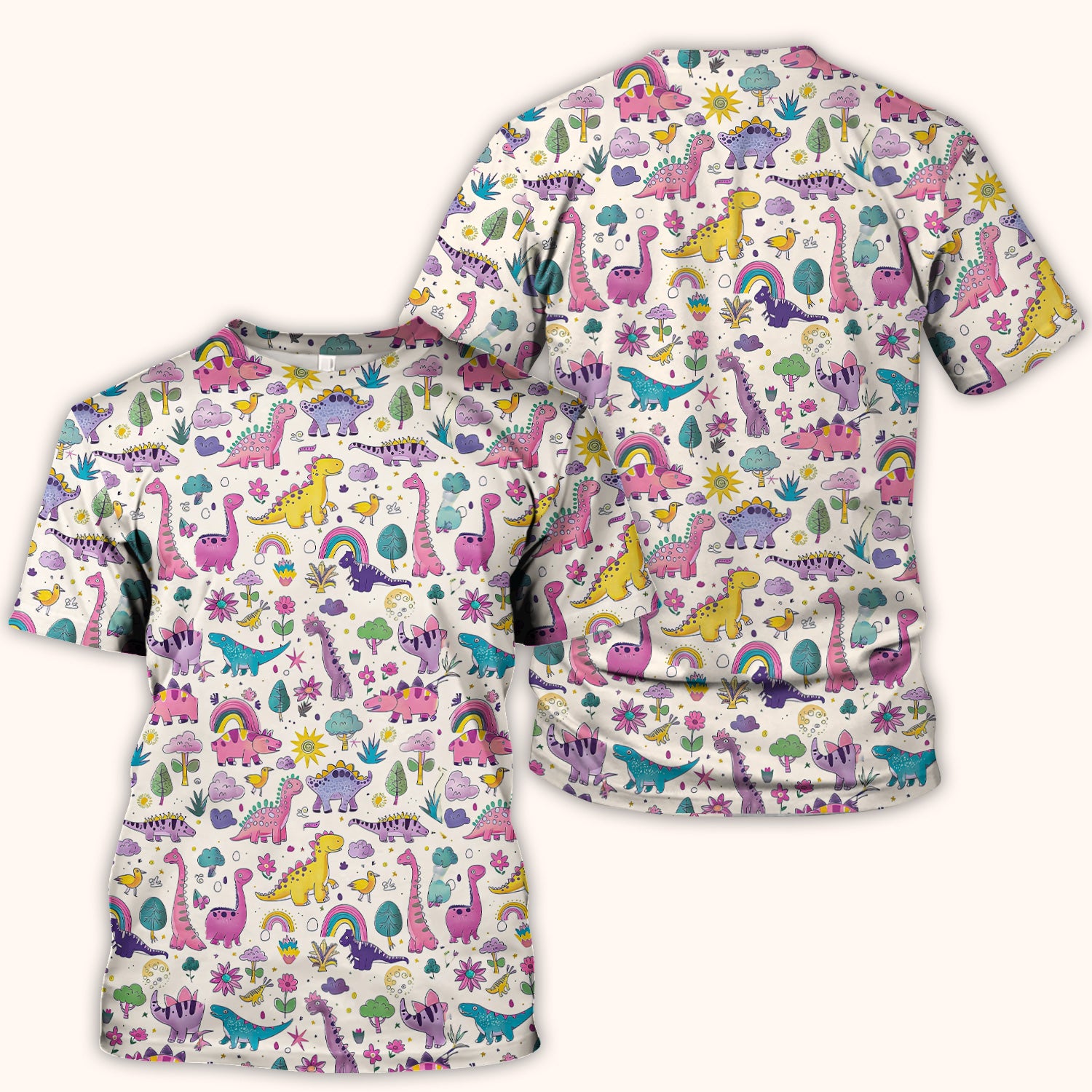 Cute Dinosaur Rainbow Pattern Scrub Top, Breathable Fabrics Nursing Uniform