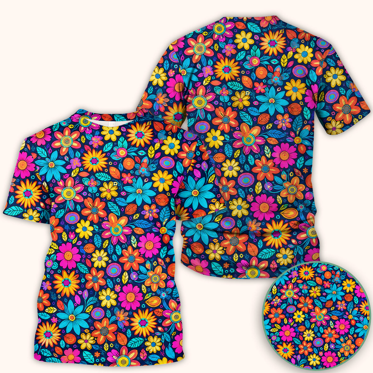 Vibrant Retro Floral Doodle Pattern Scrub Top, Comfortable Scrubs for Nurses