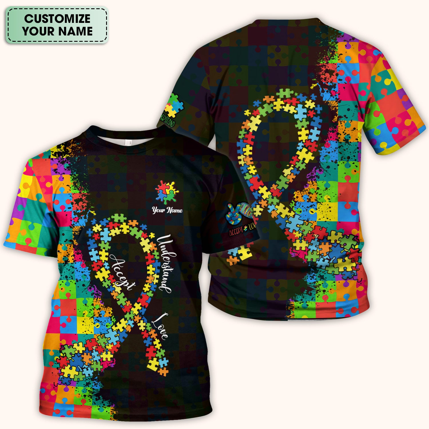 Personalized Autism Puzzle Ribbon Colorful Print Scrub Top, Comfortable Scrubs for Nurses