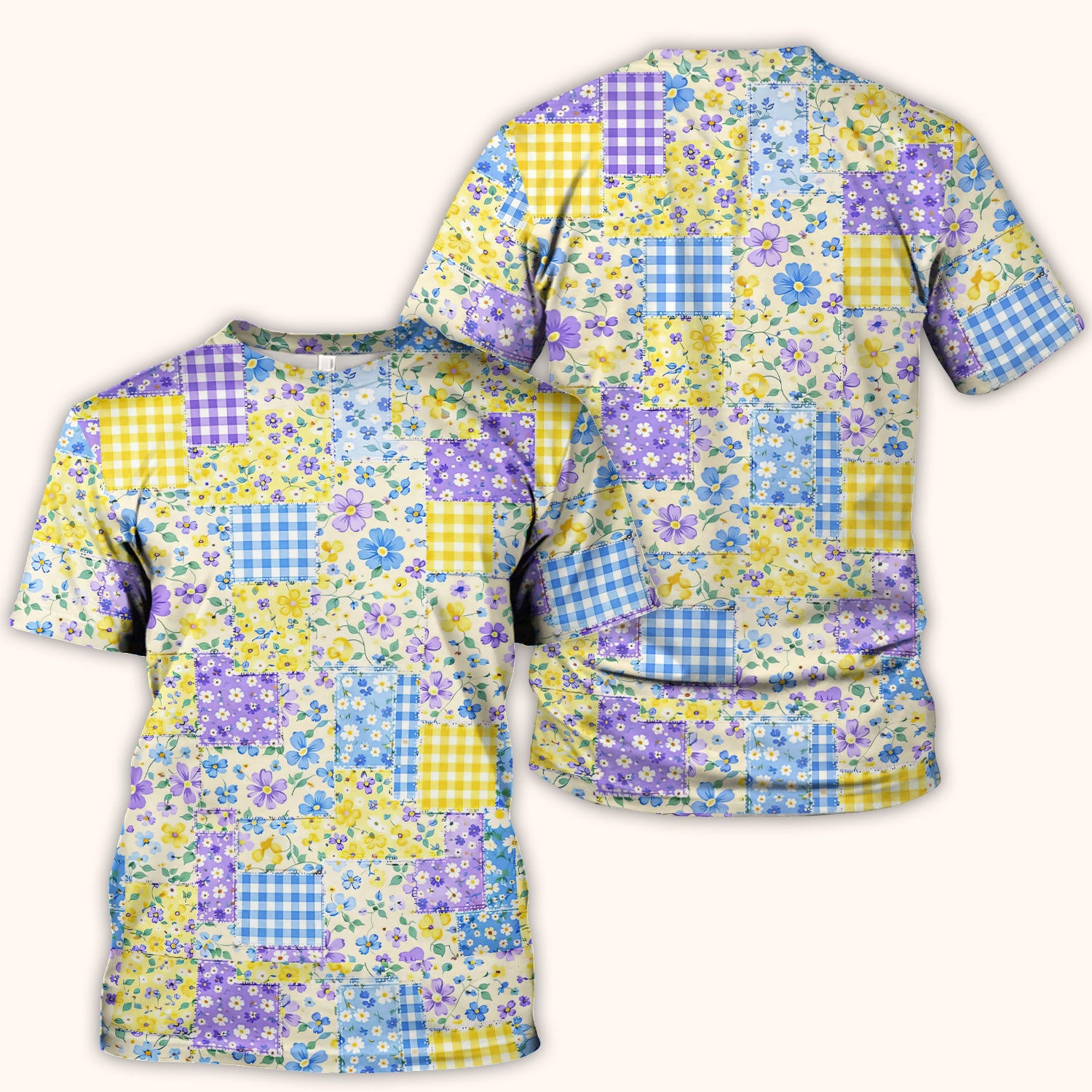 Cute Floral Patchwork Gingham Pattern Scrub Top, Breathable Fabrics Nursing Uniform