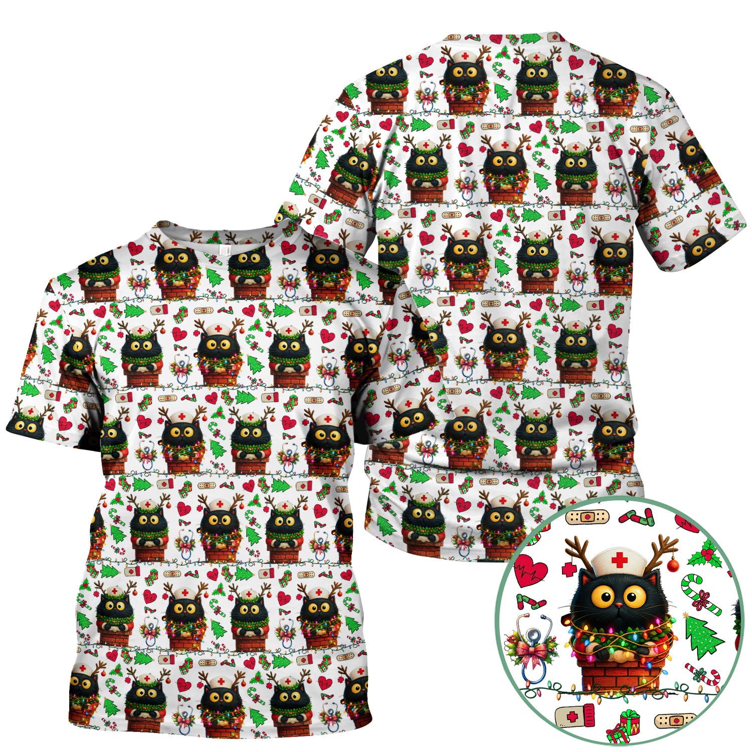 Christmas Black Cat Scrub Top for Nurse - Cute Reindeer Cat with Xmas Lights - Festive Holiday Medical Uniform for Women