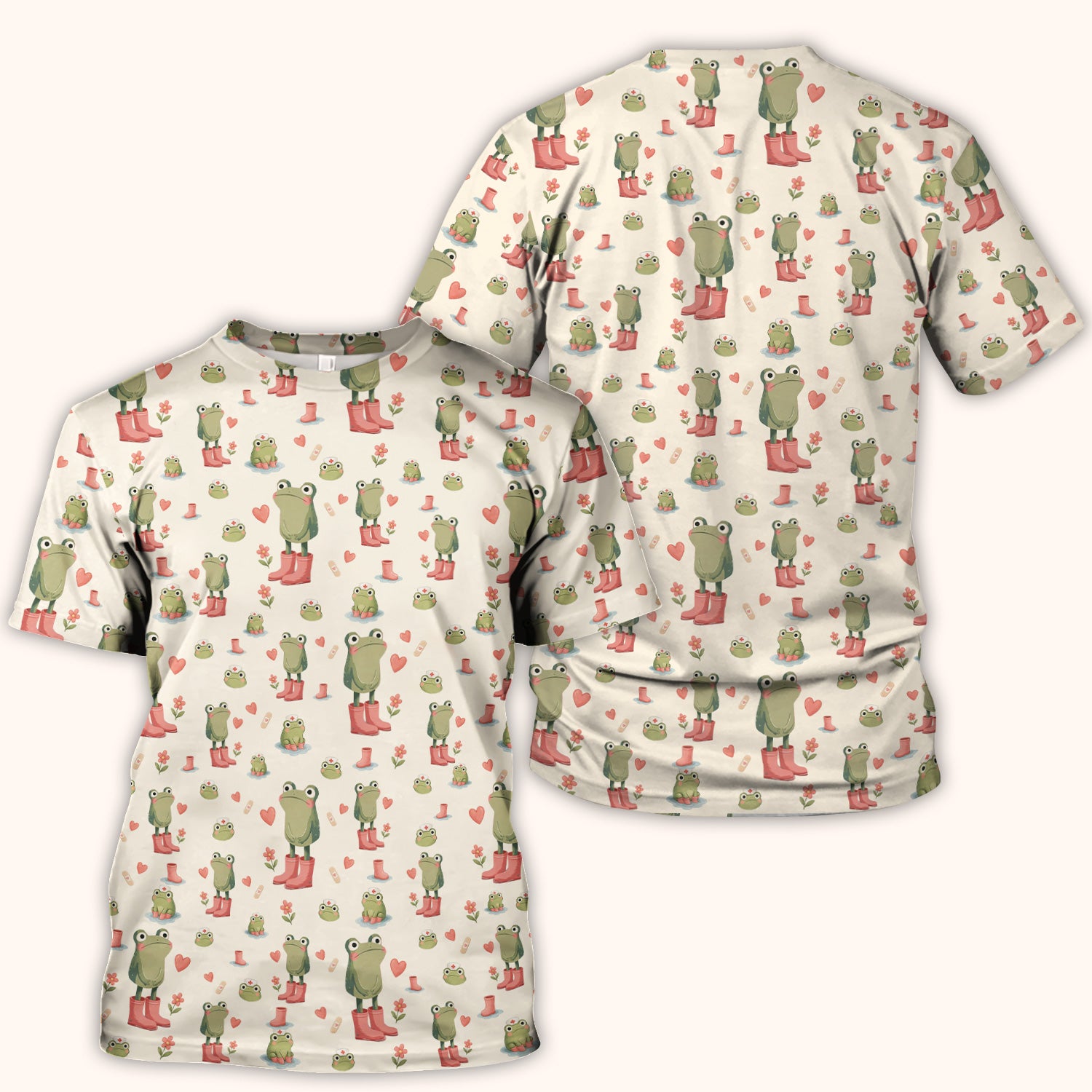 Adorable Frog Boots Heart Pattern Scrub Top, Comfortable Scrubs for Nurses