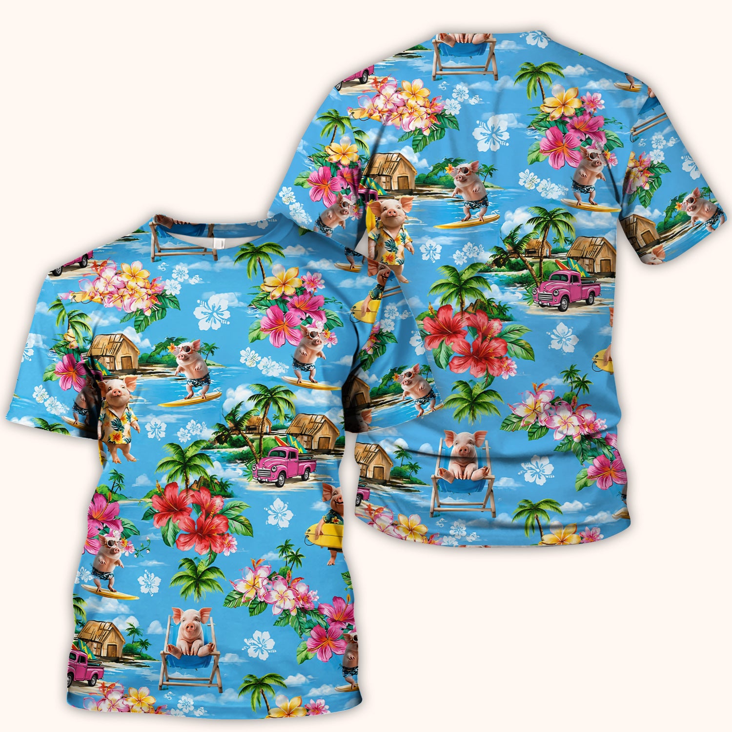 Tropical Surfing Pig Beach Pattern Scrub Top, Comfortable Scrubs for Nurses
