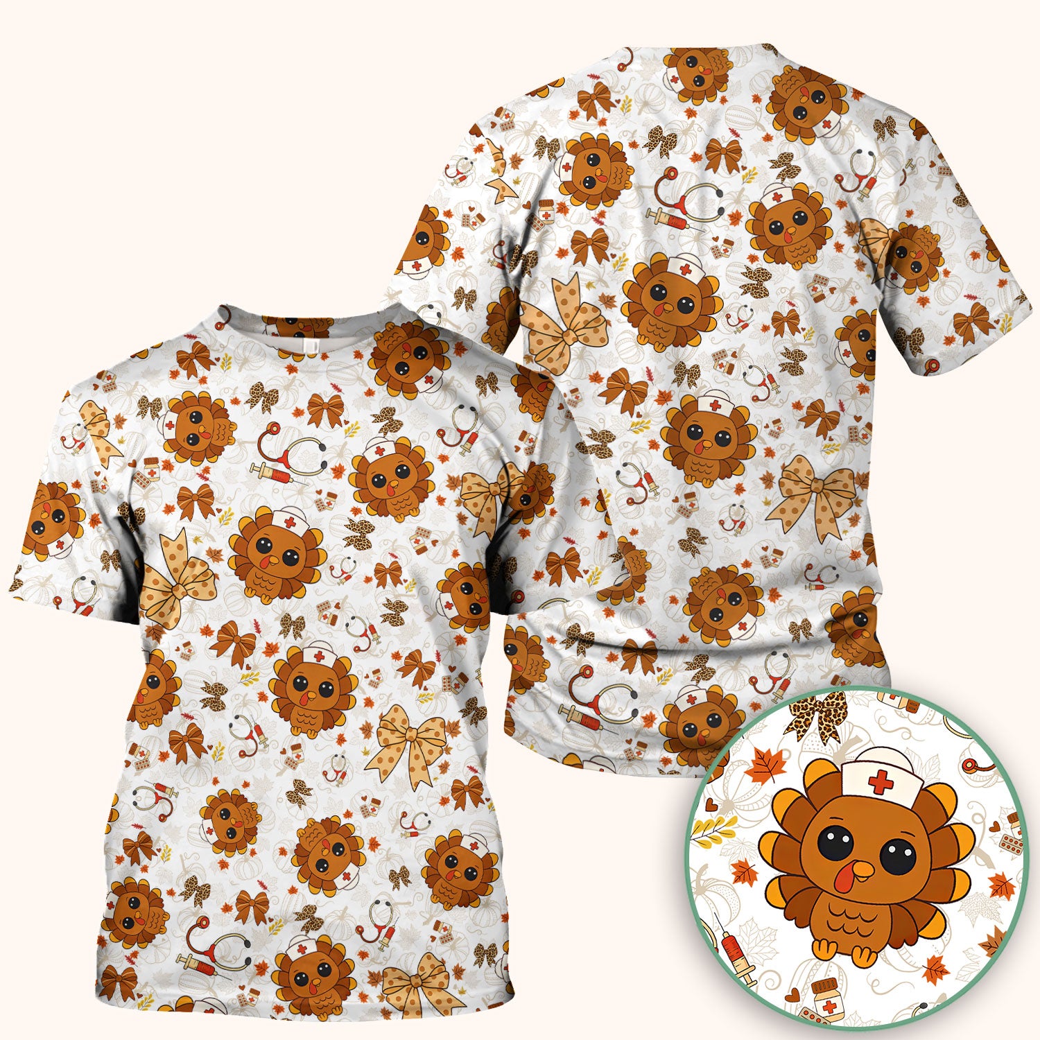 Thanksgiving Turkey Nurse Scrub Top for Women - Cute Fall Leaves and Bow Shirt - Autumn Medical Shirt Gift for RN CNA LPN Doctor