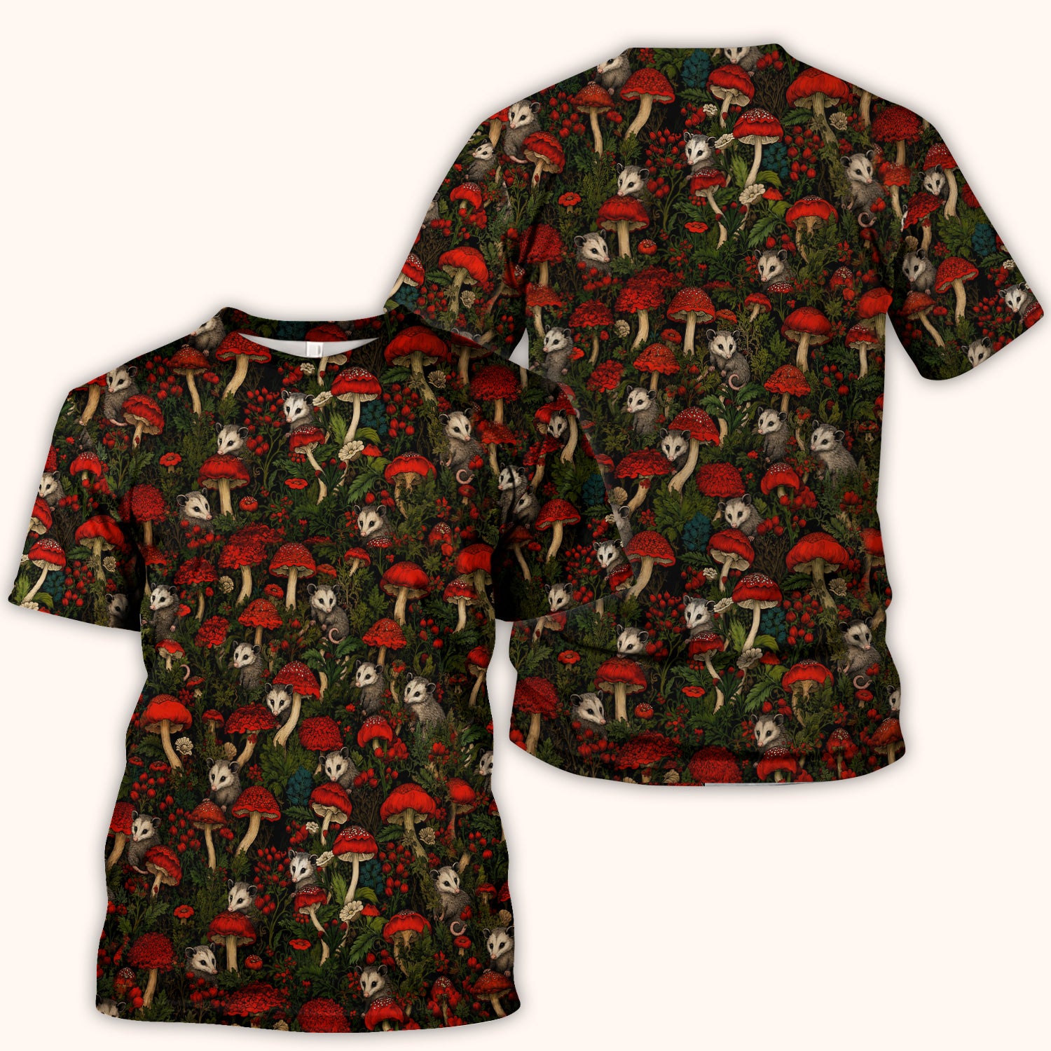 Woodland Opossum Red Mushroom Pattern Scrub Top, Comfortable Scrubs for Nurses