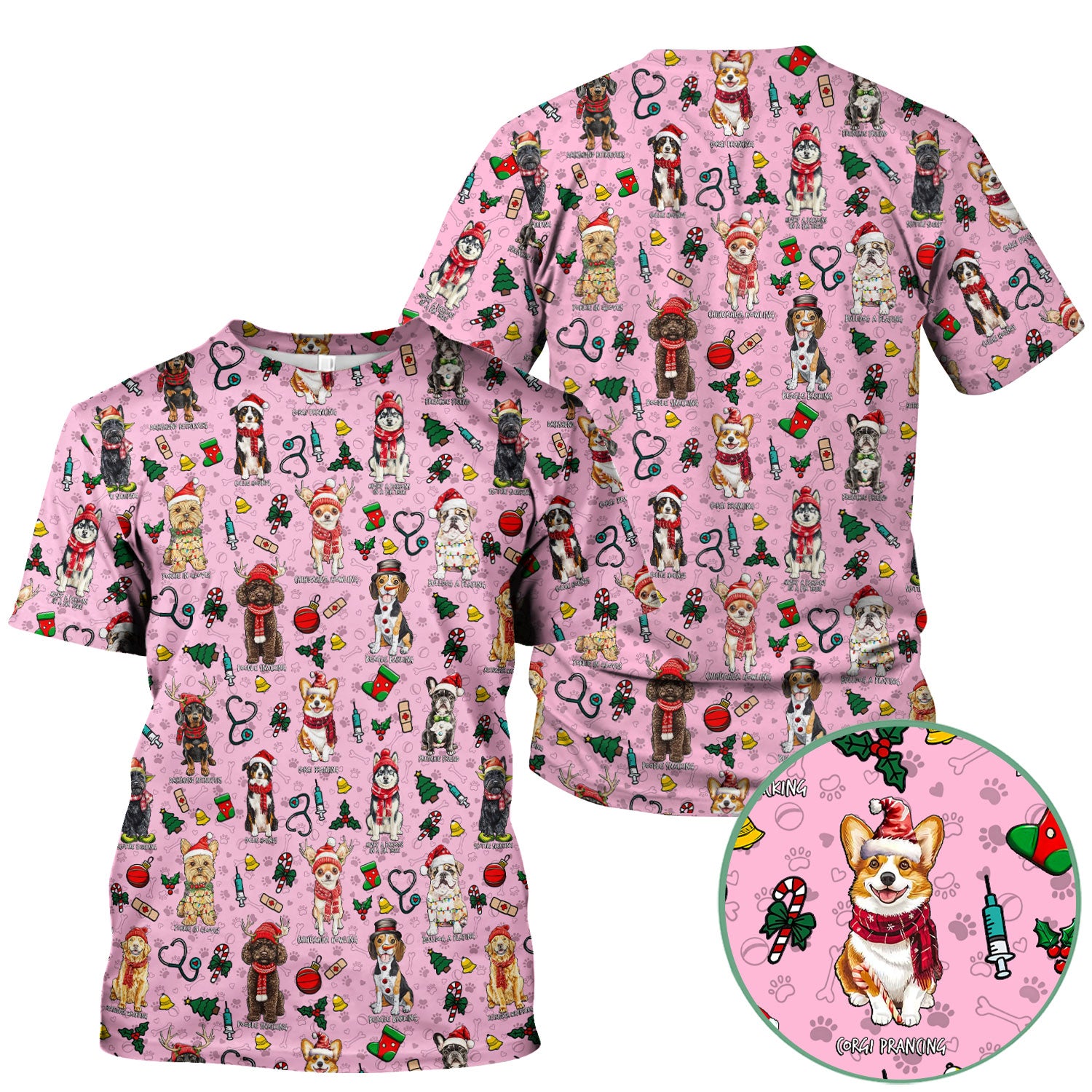 Christmas Dog Scrubs for Nurses – Dachshund, Husky, Poodle, Corgi & Labrador Holiday Scrub Top – Funny Santa Pattern Medical Shirt