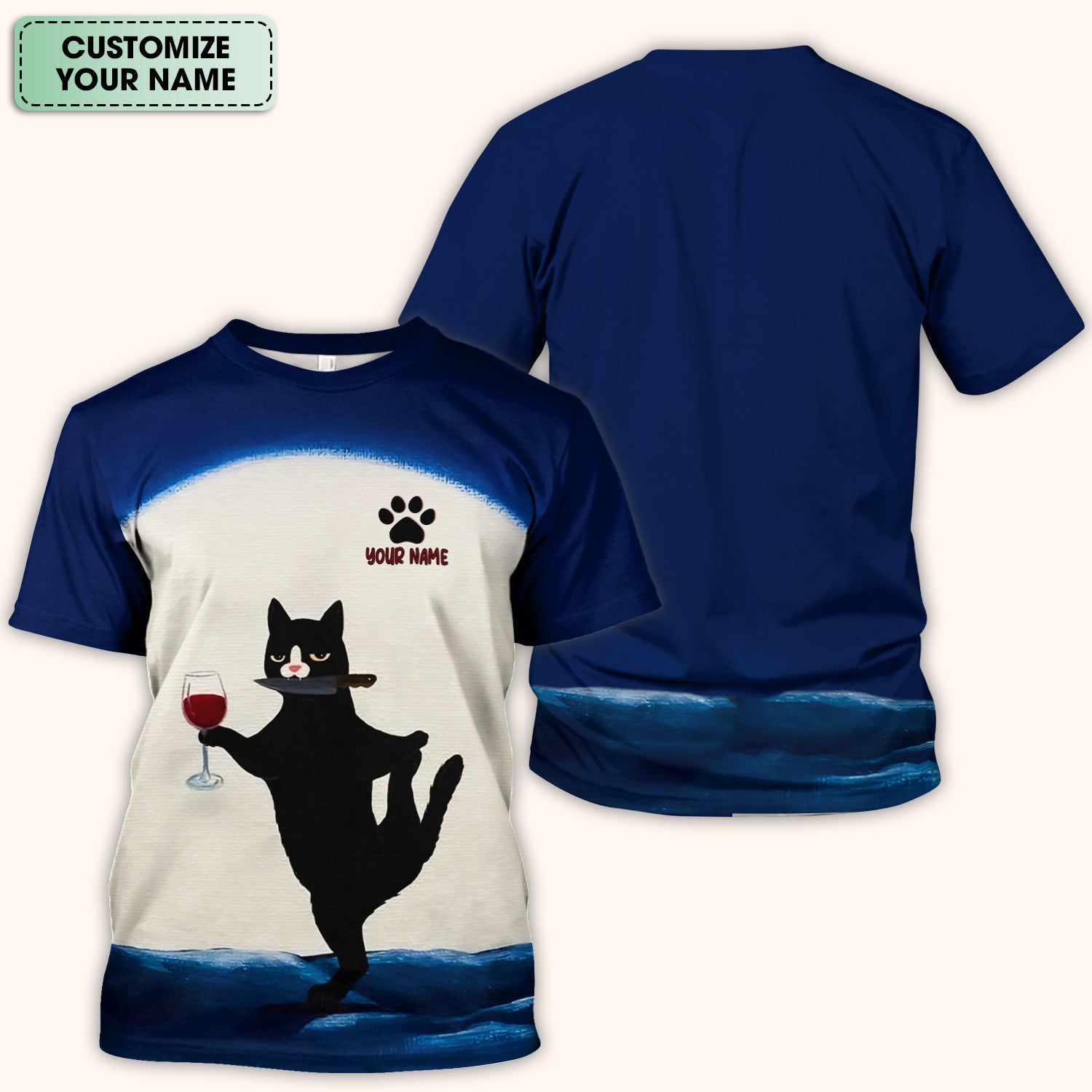 Personalized Funny Cat Holding Wine Glass Knife Pose Pattern Scrub Top, Comfortable Scrubs for Nurses