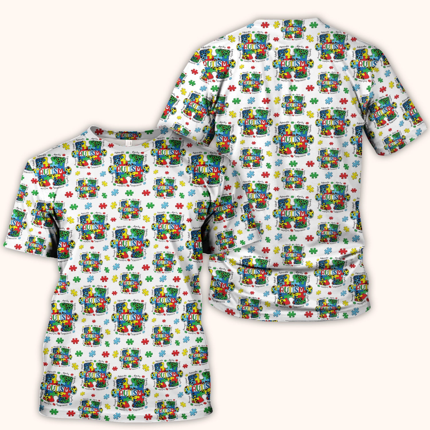 Autism Awareness Puzzle Pattern Scrub Top, Breathable Fabrics Nursing Uniform