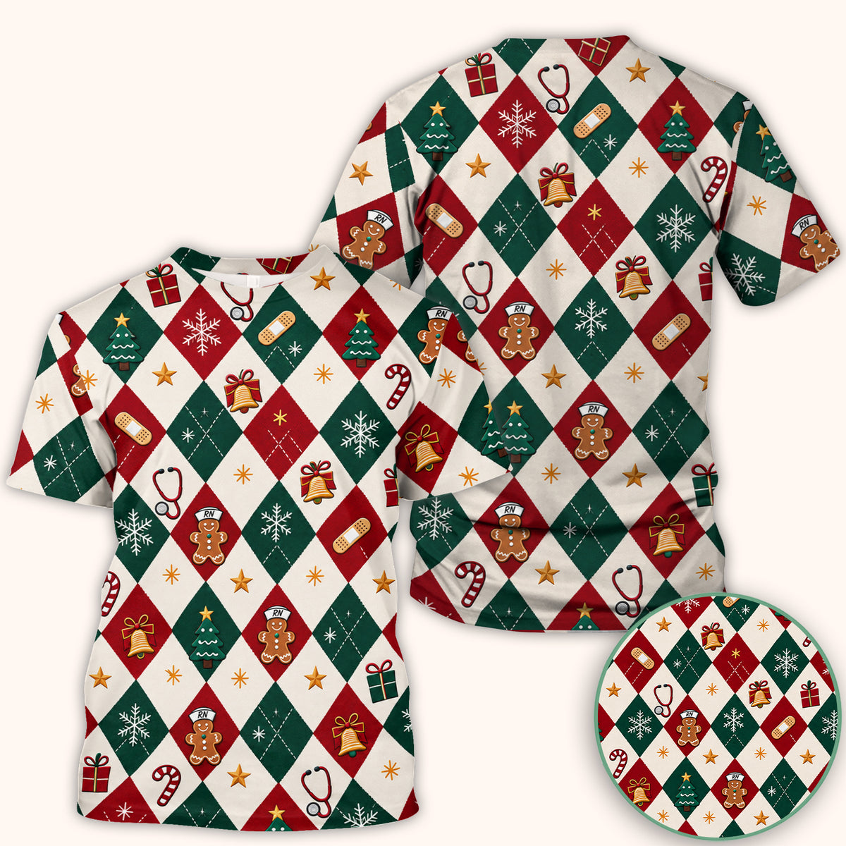 Christmas Gingerbread Nurse Argyle Scrub Top, Comfortable Scrubs for Nurses