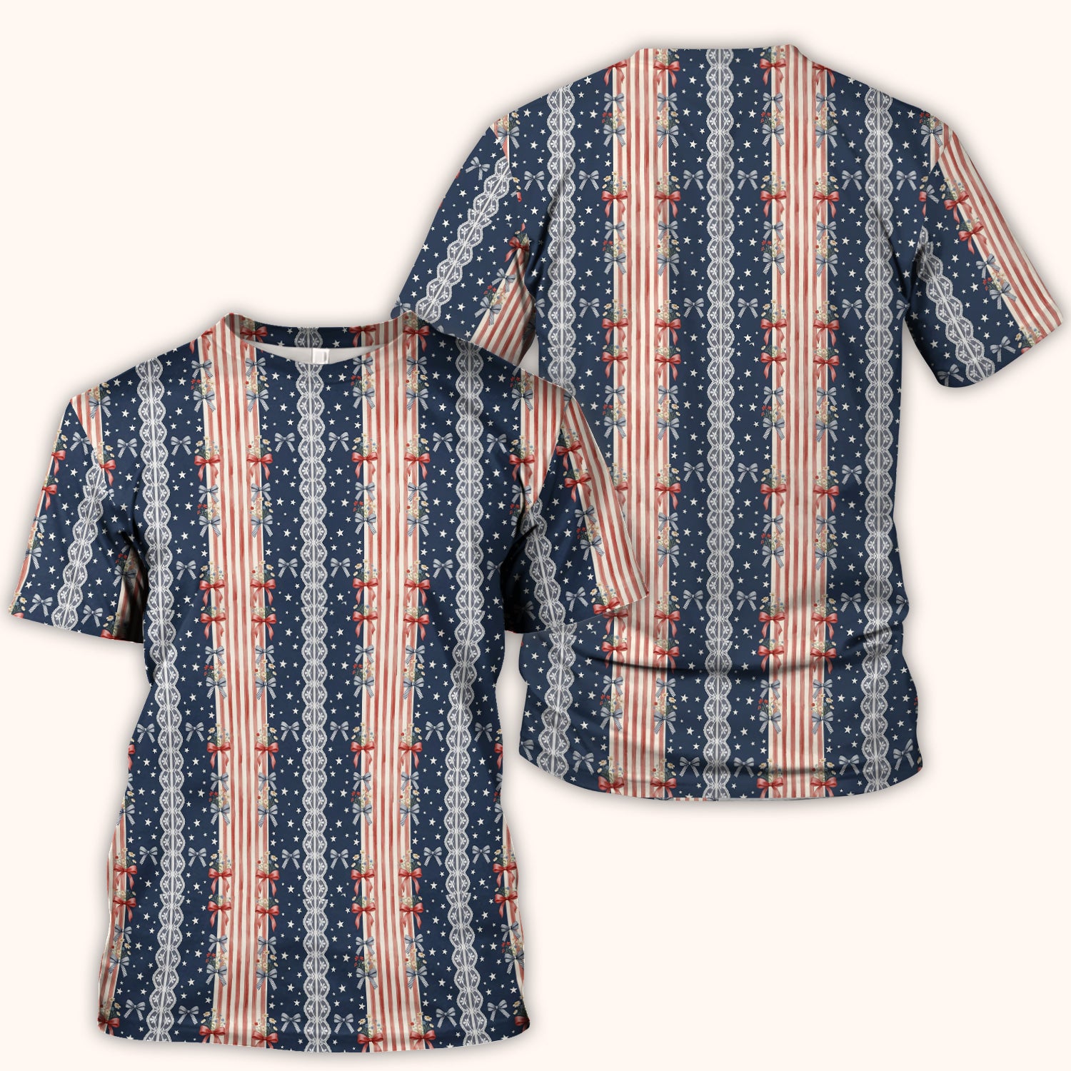 Patriotic Bow Lace Stripe Pattern Scrub Top, Comfortable Scrubs for Nurses