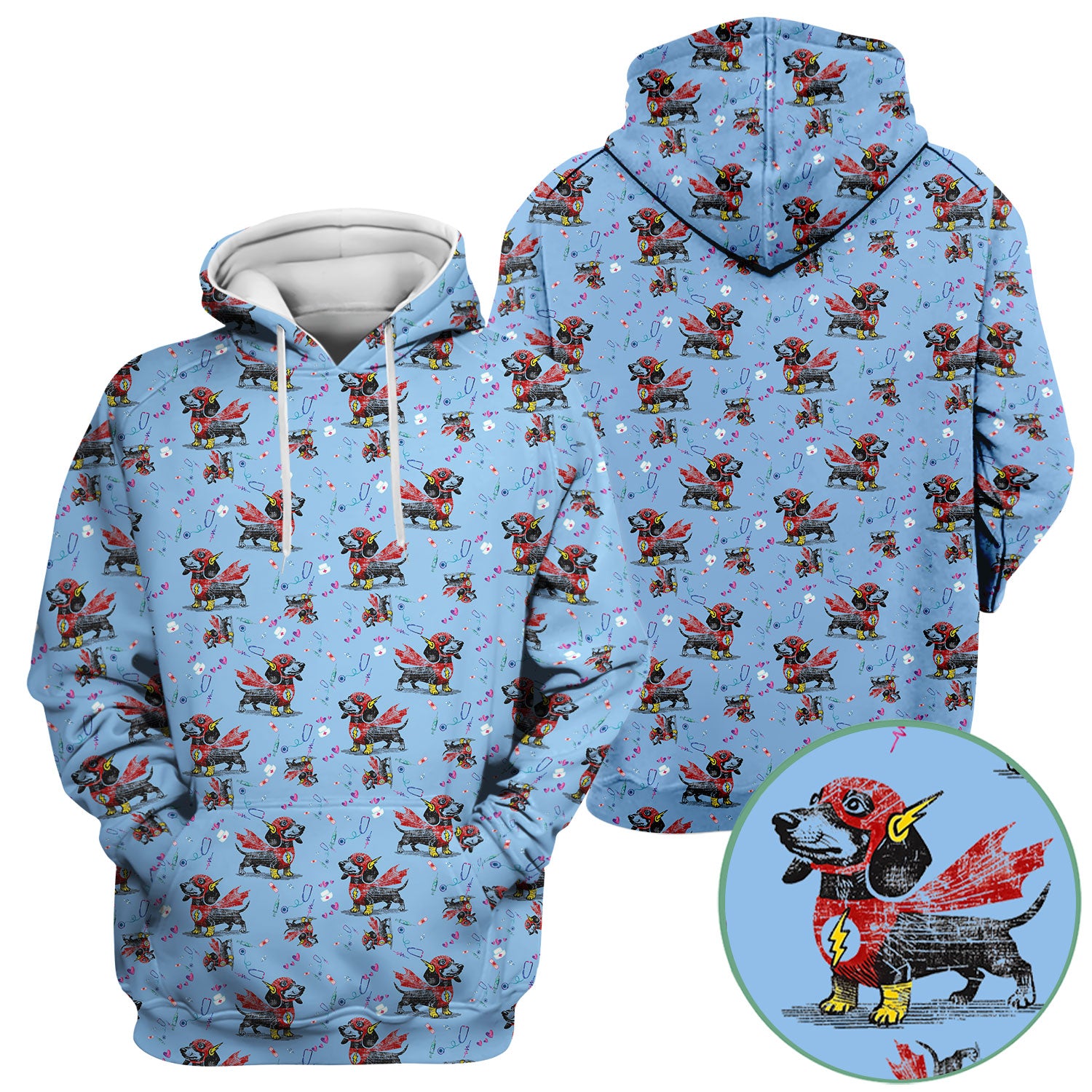Dachshund Hero Scrub Top for Nurses - Super Nurse Funny Flash Dog Print Medical Uniform Shirt - Cute Sausage Dog Gift for RN CNA LPN