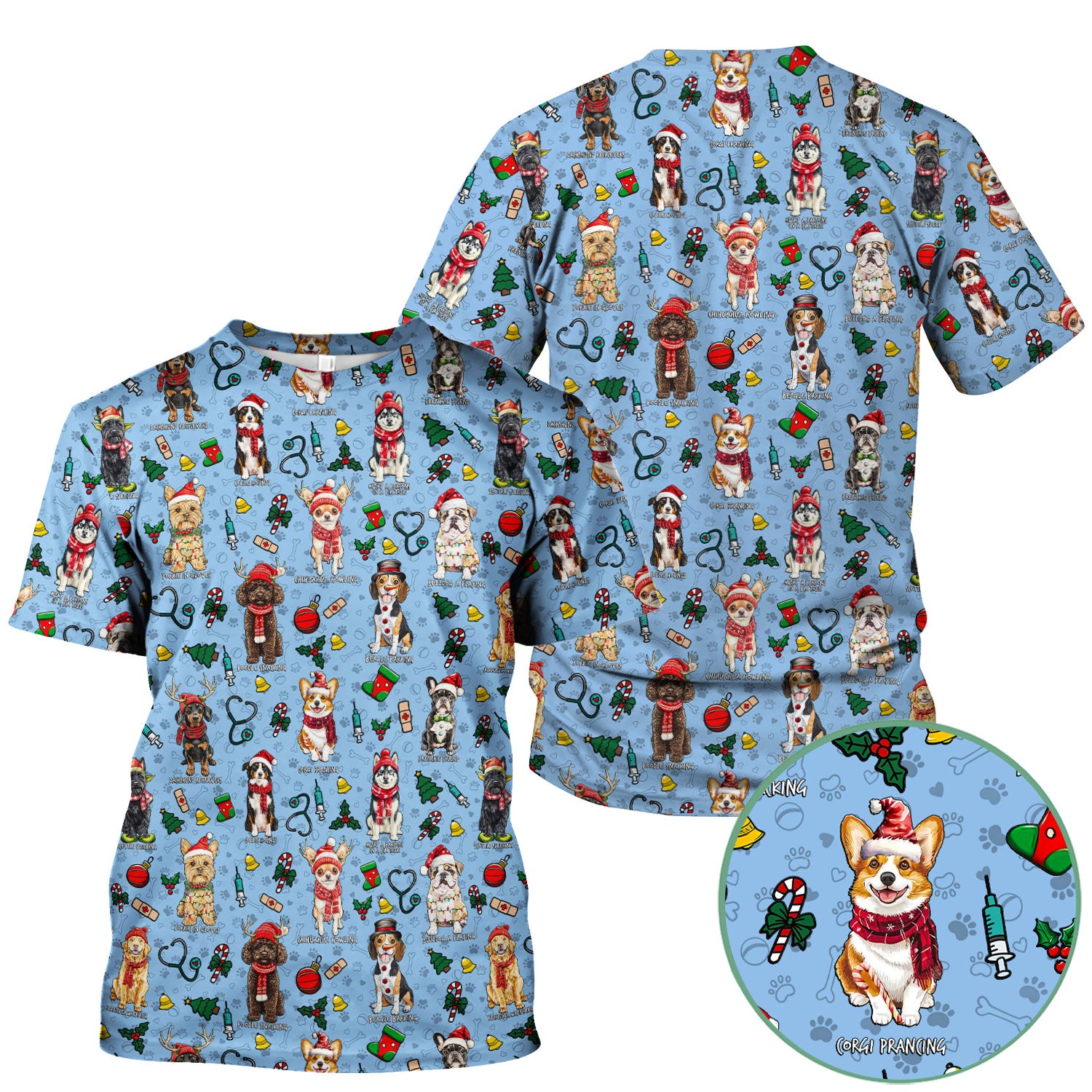 Christmas Dog Scrubs for Nurses – Dachshund, Husky, Poodle, Corgi & Labrador Holiday Scrub Top – Funny Santa Pattern Medical Shirt