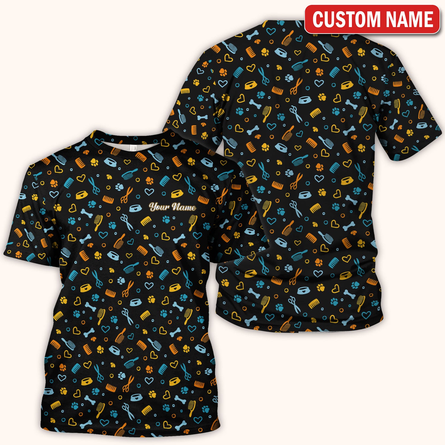 Custom Name Dog Cat Grooming Pattern Scrub Top, Breathable Fabrics Nursing Uniform