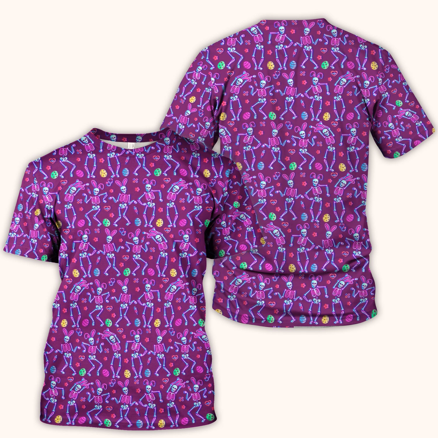 Neon Easter Skeleton Pattern Scrub Top, Comfortable Scrubs for Nurses