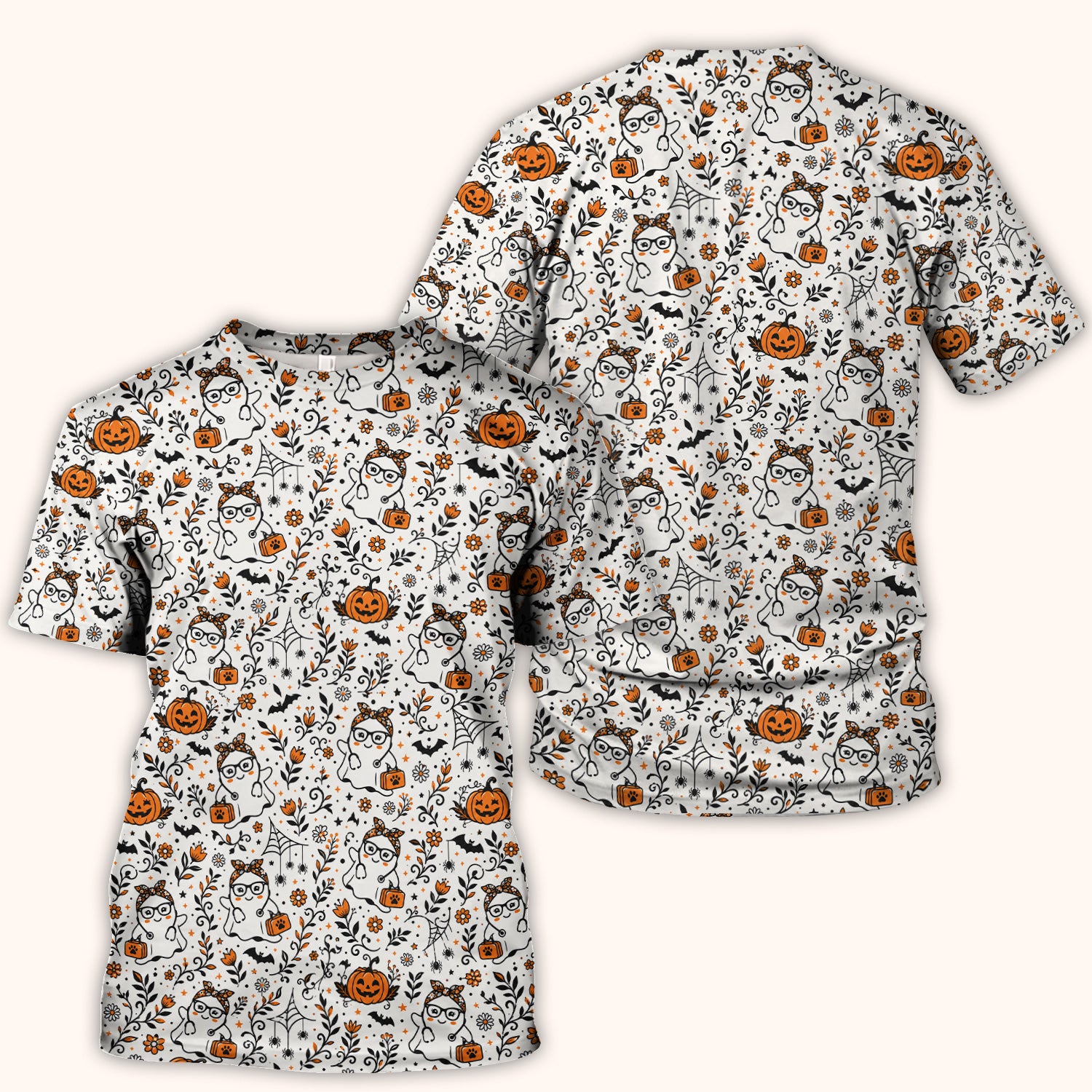 Cute Halloween Nurse Ghost And Pumpkins Scrub Top, Comfortable Scrubs for Nurses